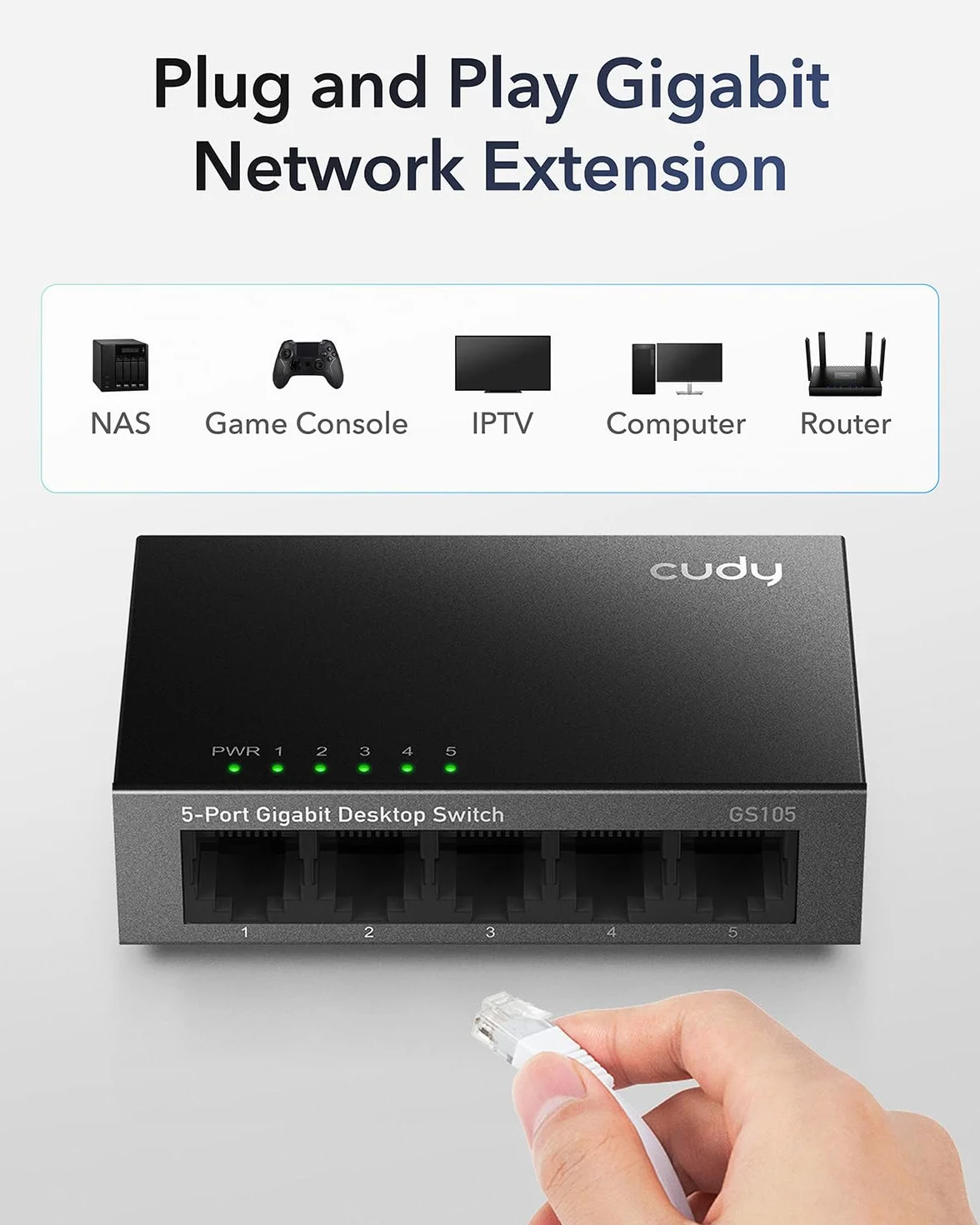 Cudy GS105 Przełącznik Ethernet Gigabit 5 portów, 10/100/1000 Mbps Hub Ethernet, Plug & Play, Metalowa obudowa Switch RJ-45 RJ45 VLAN Auto-MDI/MDIX czarny