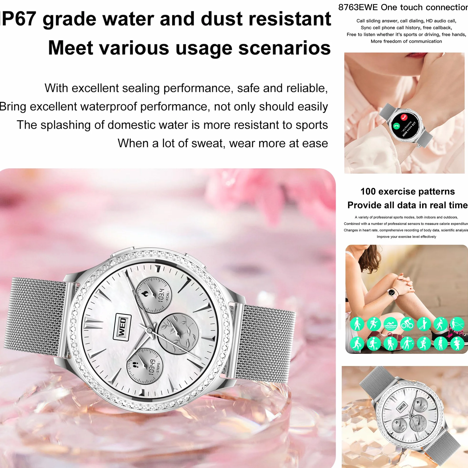 Smartwatch damski z funkcją telefonu, 1,32" diament IP68, wodoszczelny zegarek sportowy z 123 trybami sportowymi, pomiar ciśnienia krwi, tętna, krokomierz, 3 paski, zegarek fitness do iOS Android