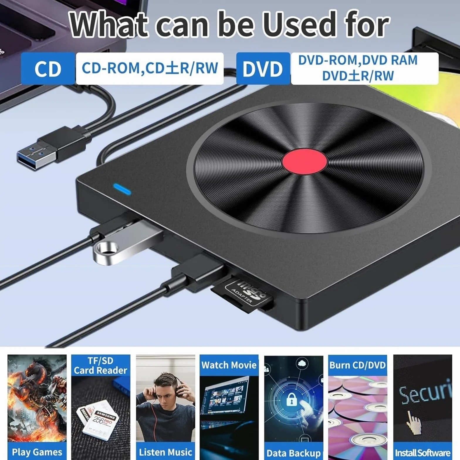 Zewnętrzny napęd Blu-ray 5 w 1, przenośny, smukły napęd optyczny USB, odtwarzacz CD DVD, nagrywarka