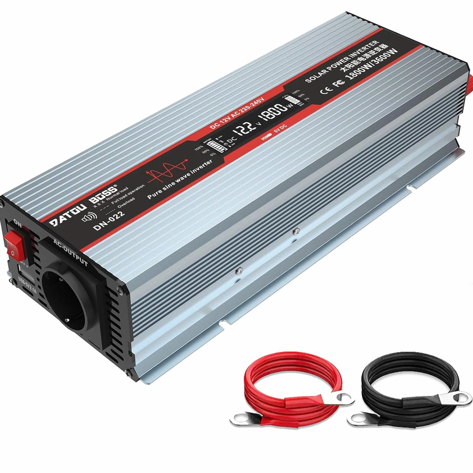 DATOUBOSS Przetwornica napięcia 12 V na 230 V, czysta sinusoidalna przetwornica napięcia 1800 W, moc szczytowa 3600 W z gniazdami UE, portami USB i wyświetlaczem LED, do urządzeń gospodarstwa domowego