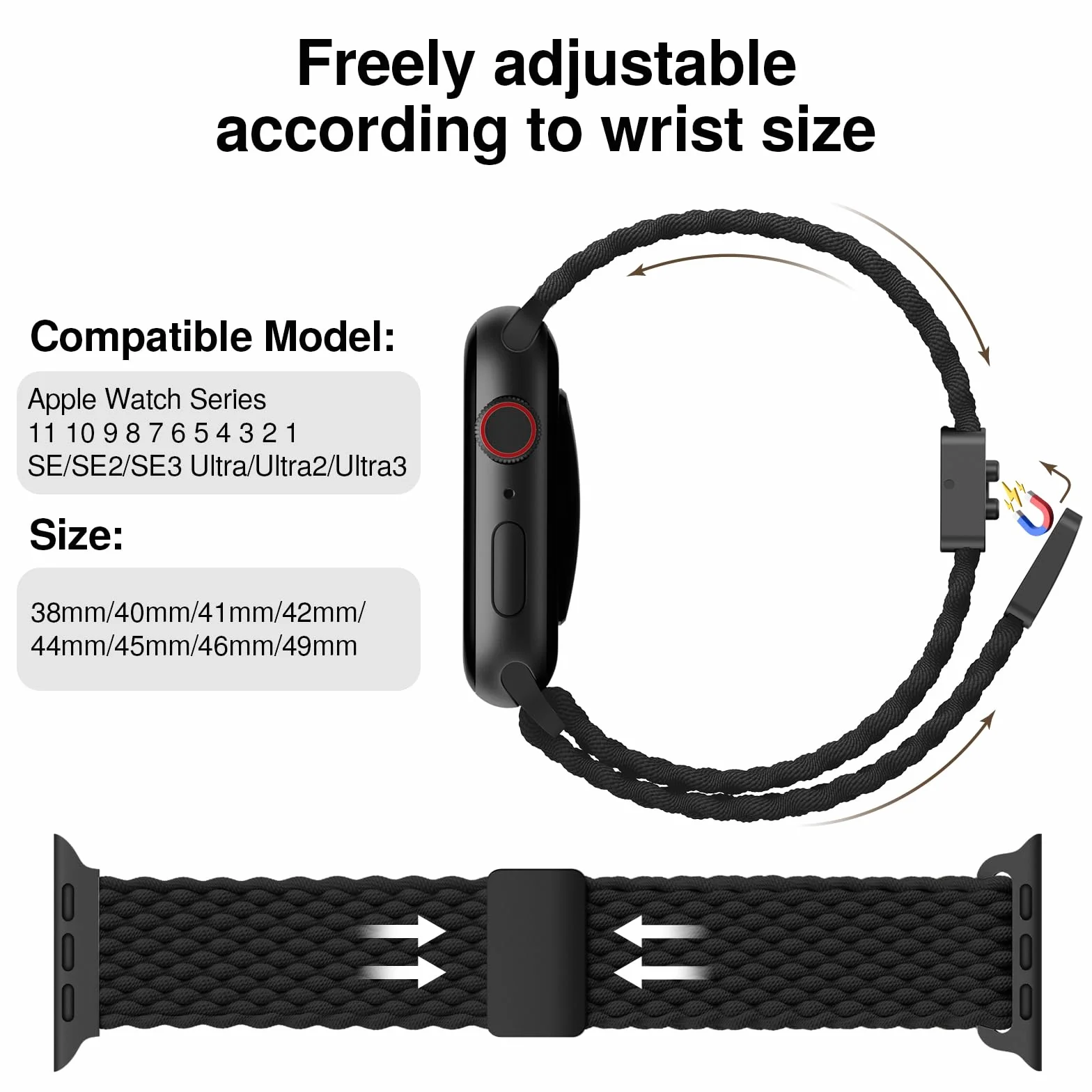 Pleciony pasek do Apple Watch, koperta 38, 40, 41, 42, 44, 45, 46, 49, damski i męski, zapięcie magnetyczne, elastyczny nylon pasujący do iWatch Series 10, 9, 8, 7, 6, 5, 4, 3, 2, 1, SE