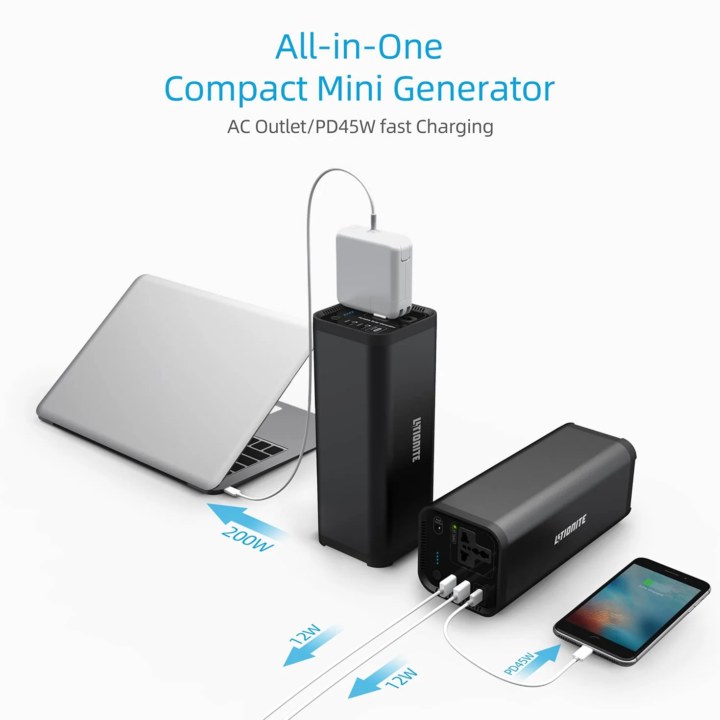 LITIONITE Hurakan 200W / 46.400mAh Power Bank Zewnętrzna bateria Mały przenośny generator prądu - 1x Gniazdo zasilania - 2x USB - 1x PD Type-C - Ładowarka do smartphone/laptop/drone/tablet/CPAP