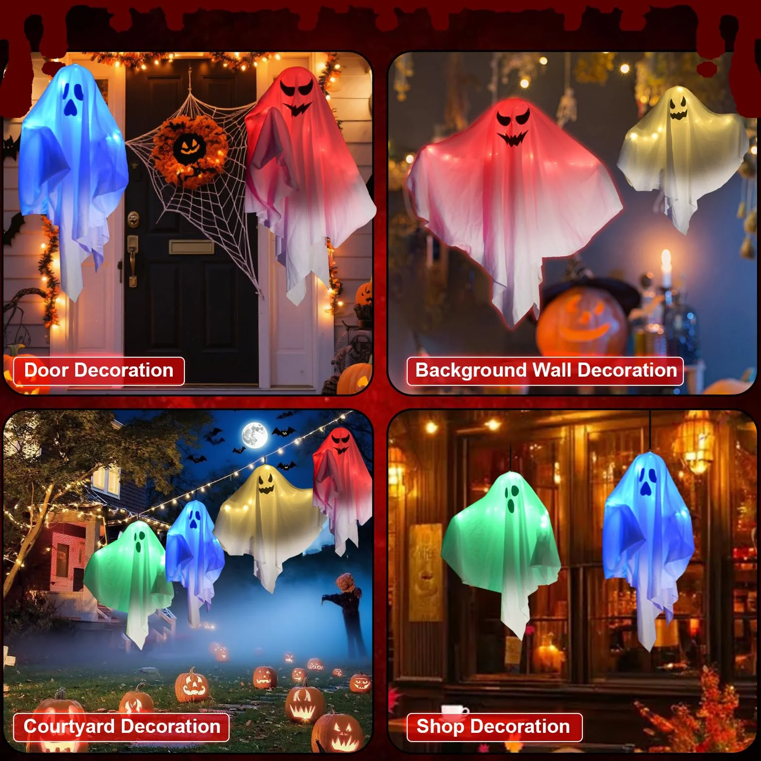 Dekoracyjne duchy LED na Halloween, dekoracja wisząca, 4 sztuki