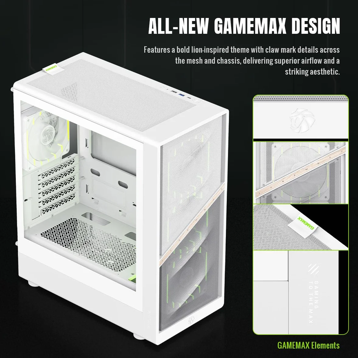 GAMEMAX AERIS 330 MW M-ATX PC obudowa do gier, z 4 wentylatorami ARGB, GPU 330 mm, grzejnik 240/360 mm, USB-C, pamięć wielofunkcyjna, biała