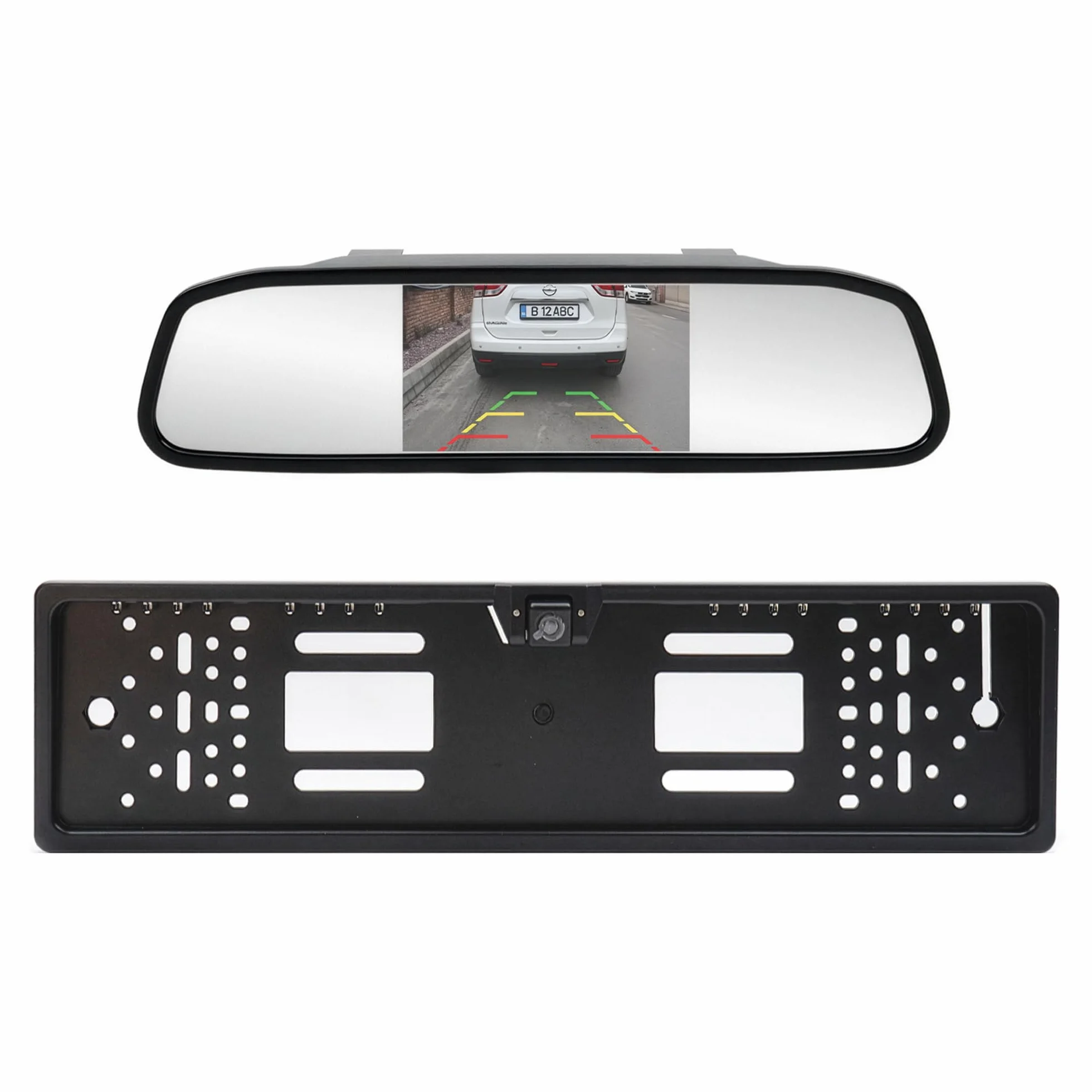 Bezprzewodowy system parkowania PNI Escort P25 z wbudowanym wyświetlaczem LCD o przekątnej 4,3" w lusterku wstecznym i uchwytem tablicy rejestracyjnej, kamera cofania, rozdzielczość 480p i kąt