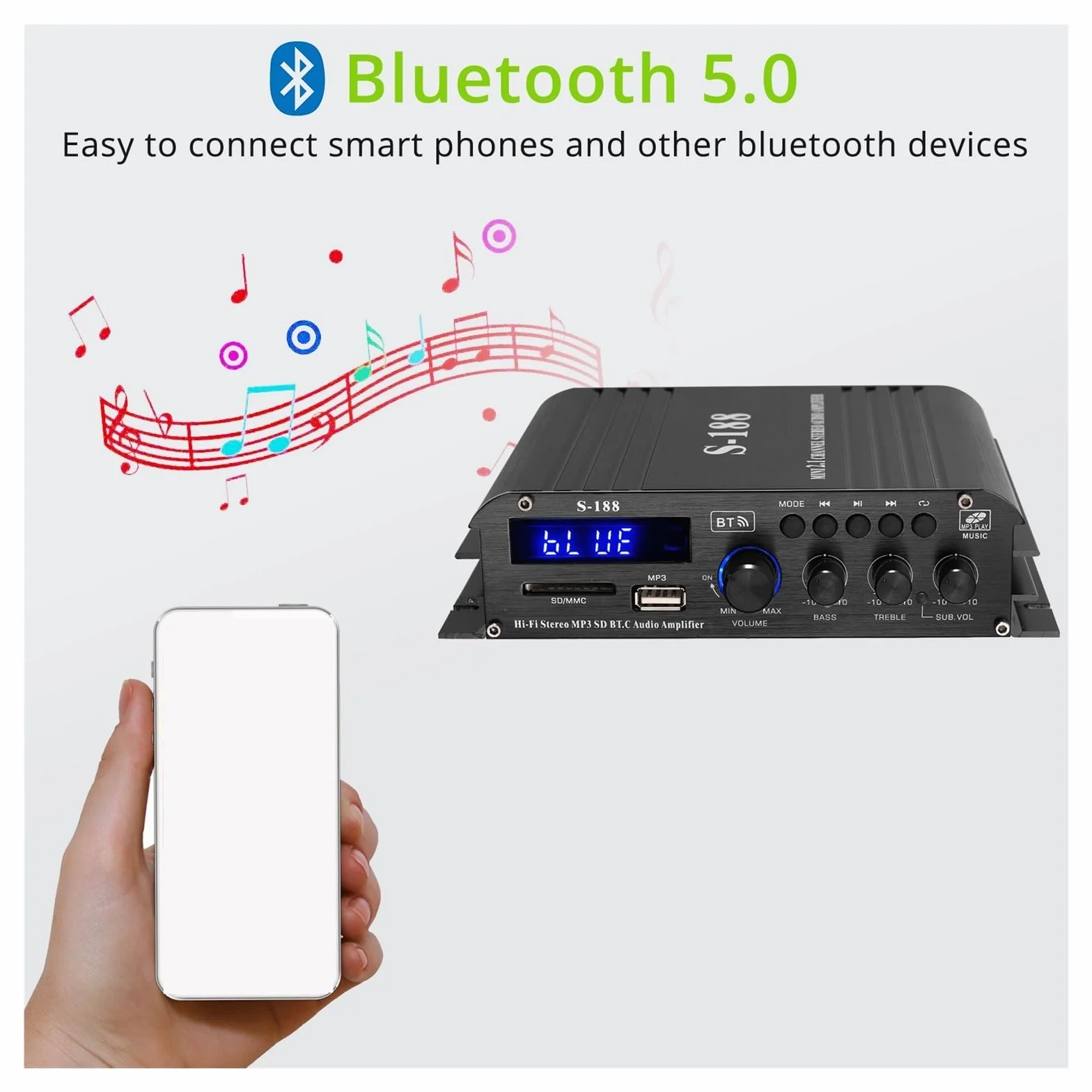 Wzmacniacz stereo Bluetooth HiFi Wzmacniacz mocy Basy i wysokie tony Odtwarzacz muzyczny Głośnik 90 W Kompaktowy i inteligentny