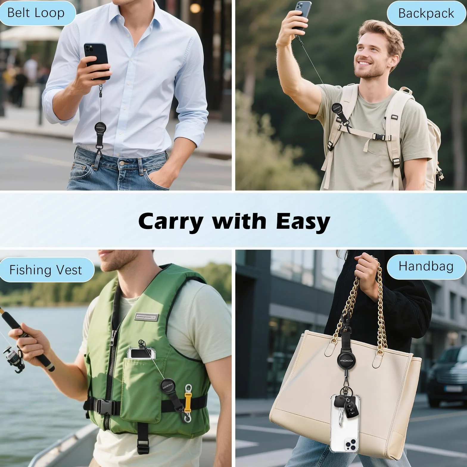 MoKo 2 Pack Anti-theft Phone Tether Lanyard, Retractable Phone Strap Keychain Steel Line Cellphone Lanyard with Locking Carabiner and Metal 360° Tether Tab for Outdoor Hiking Climbing Fishing, Black
