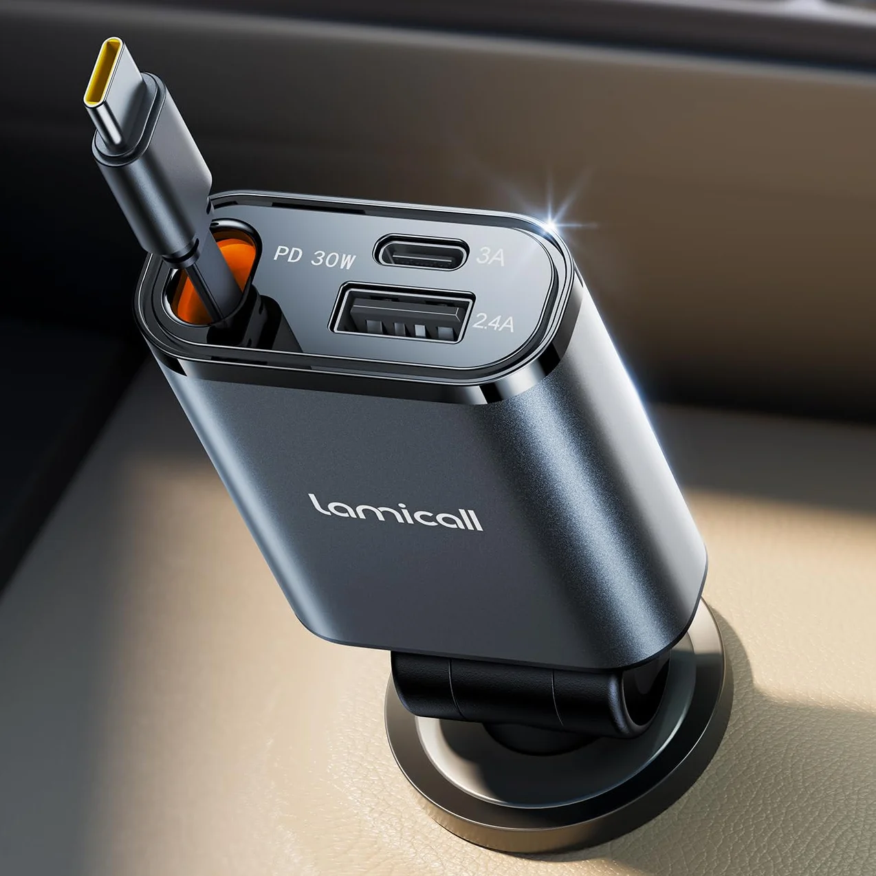 Lamicall Wysuwany adapter ładowarki samochodowej 50 W, 3 w 1 z wysuwanym kablem USB