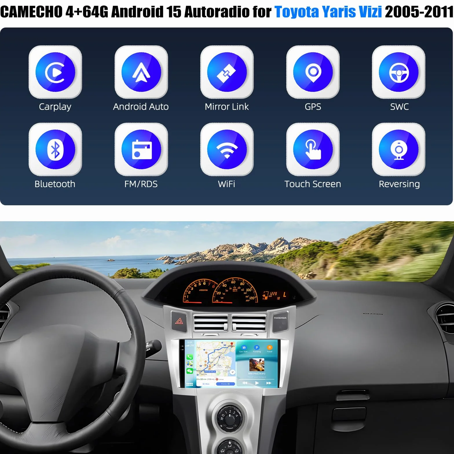 CAMECHO 4+64G Android 15 radio samochodowe do Toyota
