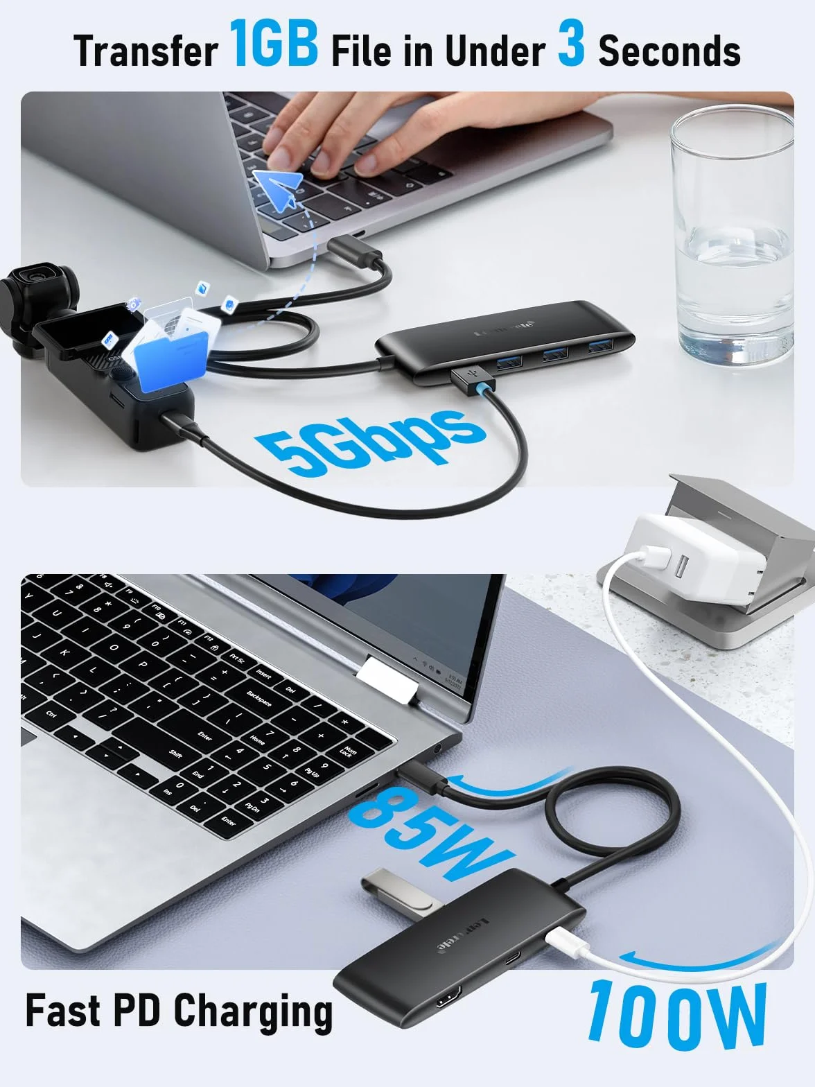 Lemorele Stacja dokująca USB-C z podwójnym monitorem, koncentrator 7 w 1 z podwójnym 4K przy 60 Hz (HDMI + USB-C DP Alt Mode), obsługuje okulary AR / monitor przenośny, 100 W PD, 3× USB 3.0/2.0 do