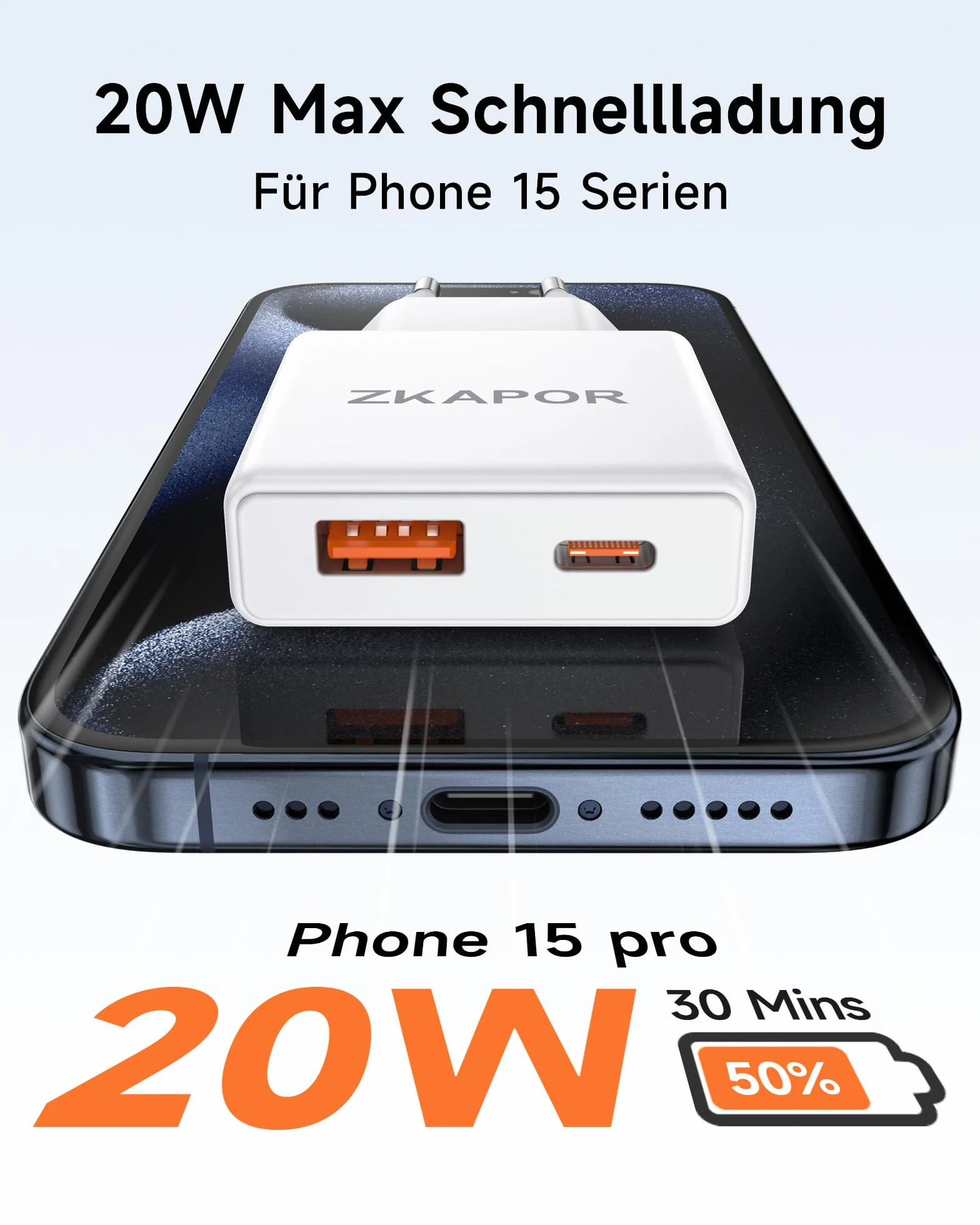 ZKAPOR Ładowarka 20W USB C, zasilacz 2-portowy USB C, szybka ładowarka USB, ładowarka USB C do Phone 15/15 Pro/15 Pro Max/14/13, Galaxy S24 S23 Ultra S22, Tablet, MacBook Pro/Air, Pad Pro, piksel
