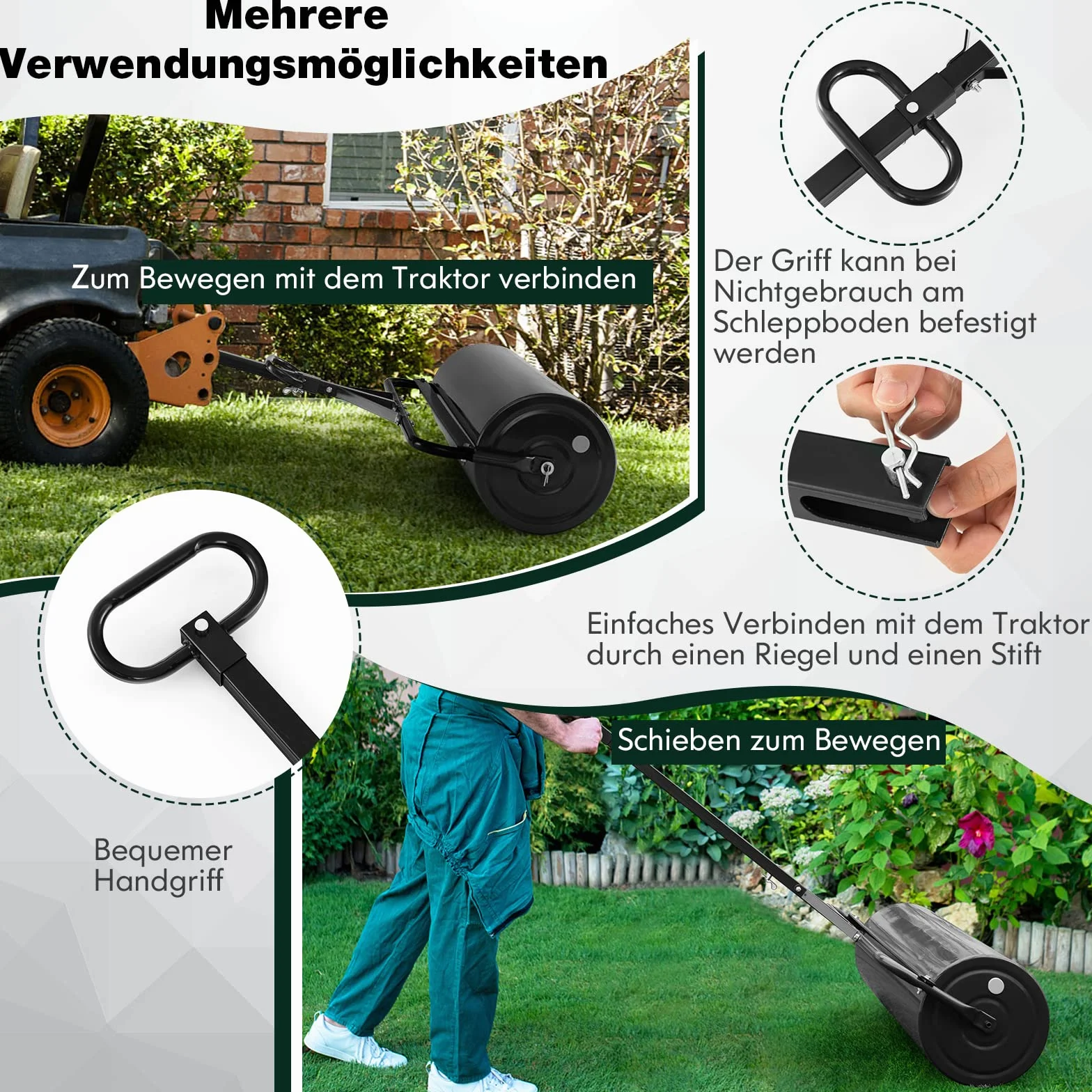 COSTWAY Walec do trawnika napełniany wodą lub piaskiem, 63 L, Ø 30 cm x 99 cm, walec gruntowy z uchwytem, walec ogrodowy metalowy, walec ręczny Lawn Roller, walec do trawnika dla równego trawnika
