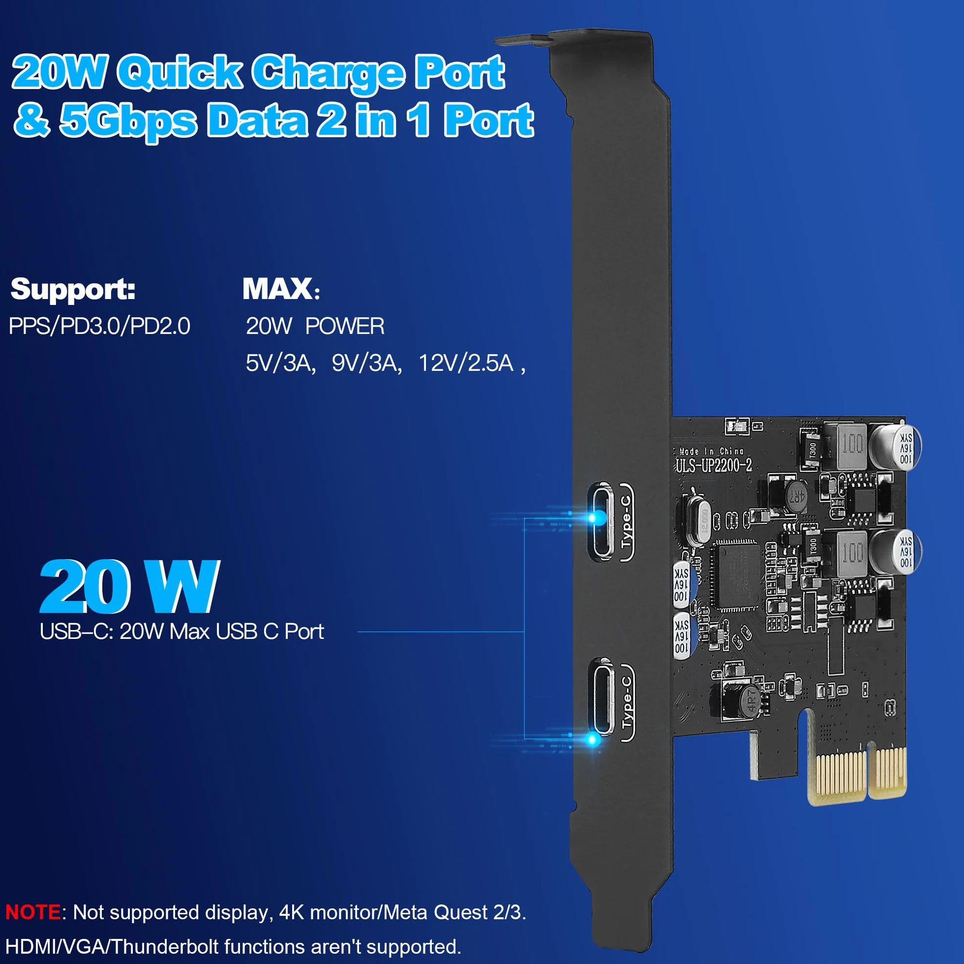 Karta PCIe USB C 2 porty z Power Delivery, karta USB 3.0 5Gbps szybkie ładowanie 20W dla komputera stacjonarnego