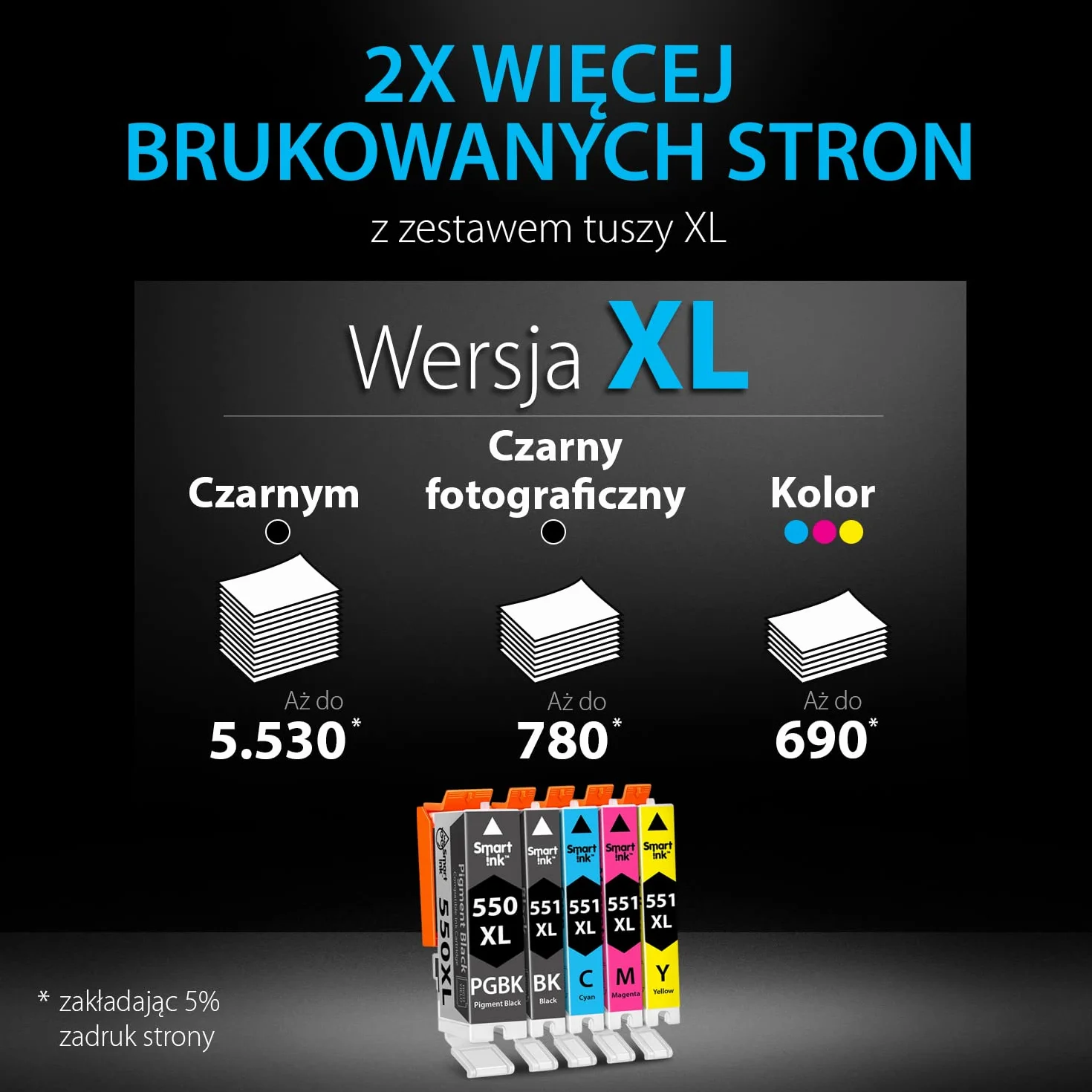 Smart Ink Kompatybilne wkłady atramentowe jako zamiennik do Canon PGI 550XL CLI 551XL 550 551 XL (5 sztuk) do użytku z PIXMA iX6850 MG5450 MG5650 MX725 MG6650 MG6450 MX925 iP7250 (PGBK & BK/C/M/Y)