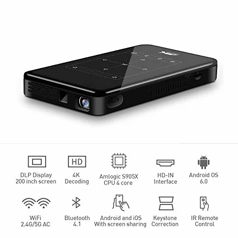 Mini projektor kieszonkowy, inteligentny projektor DLP Pico obsługuje wejście HD/dekodowanie 4K HD ze złączem HDMI USB/ekranem dotykowym/RC, do kina domowego, na rodzinne imprezy (Android 6.0) (ME)