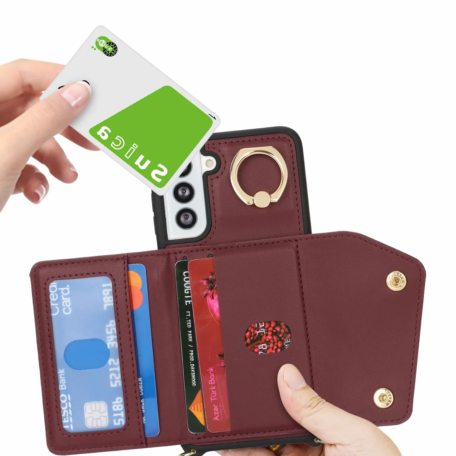 Lipvina Etui do Samsung Galaxy S21 FE etui z paskiem na karty, etui na telefon komórkowy Samsung Galaxy S21 FE z zamkiem błyskawicznym, z pierścieniem, stojakiem dla kobiet - czerwone