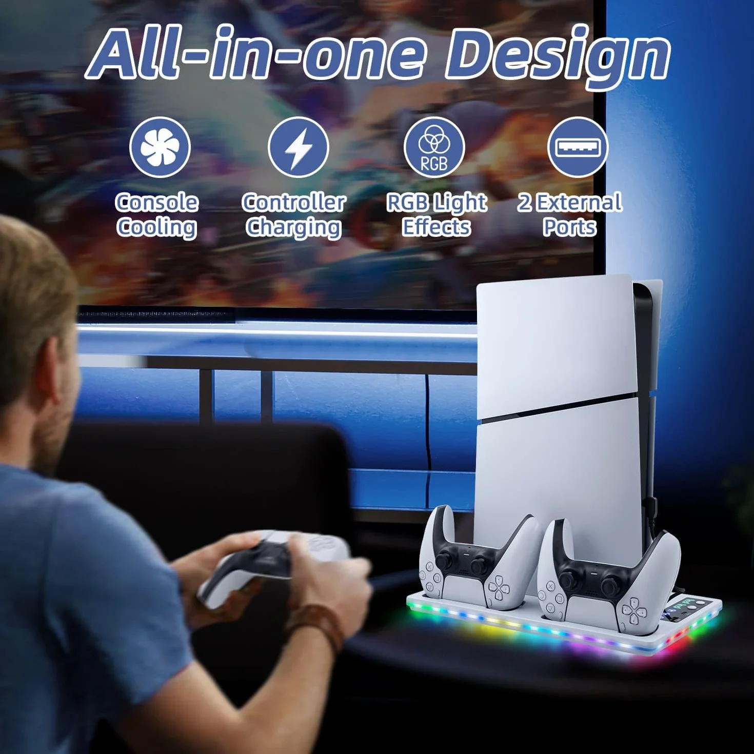 Wigearss Pionowy uchwyt do PS5/PS5 Slim/PS5 Pro z wentylatorami chłodzącymi, wielofunkcyjny ze światłem RGB, ładowarką do sterowników i portem typu C i USB