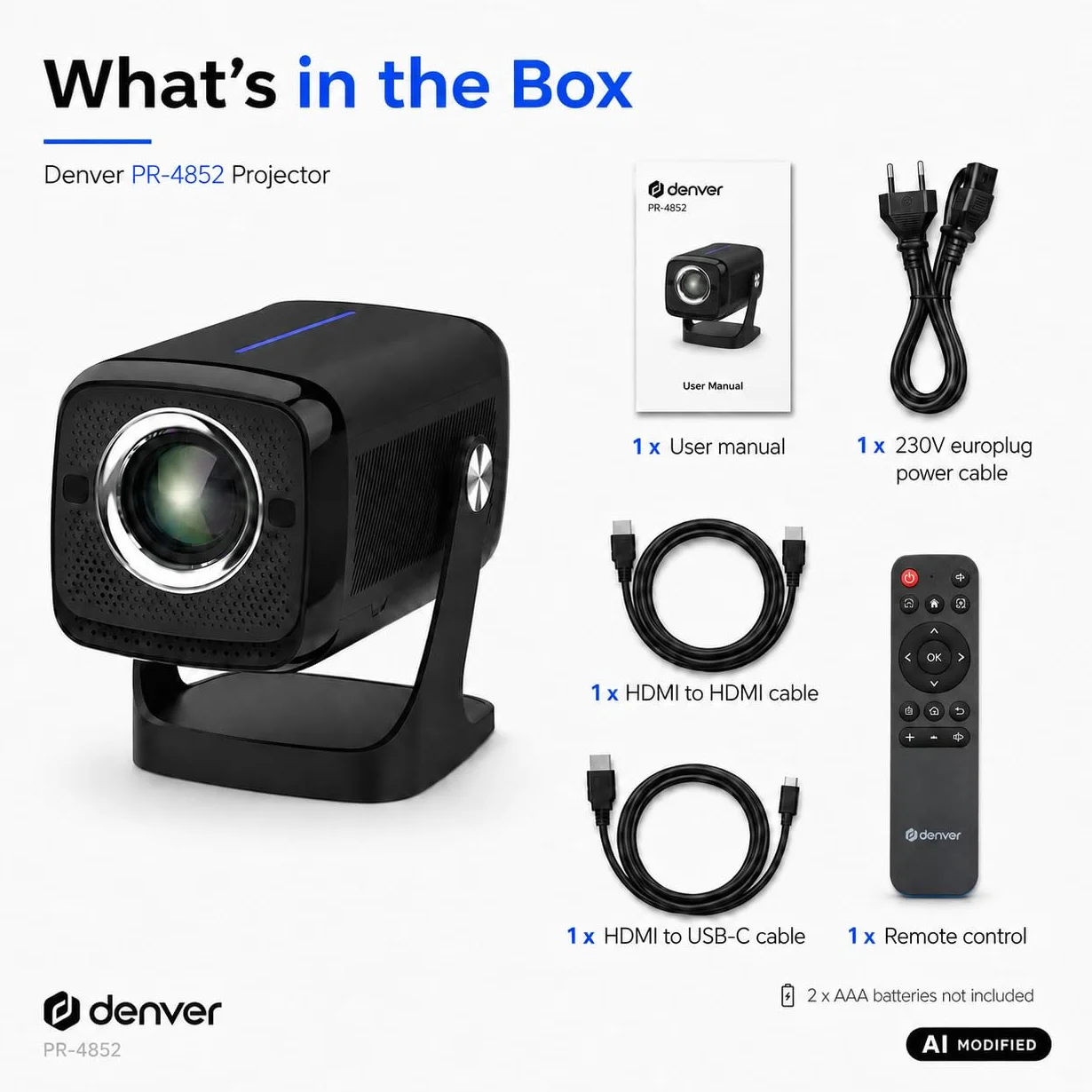 Denver PR-4852 projektor LED 4K UHD, 700 ANSI lumenów, kontrast 8000:1, rozmiar ekranu 45-180 cali