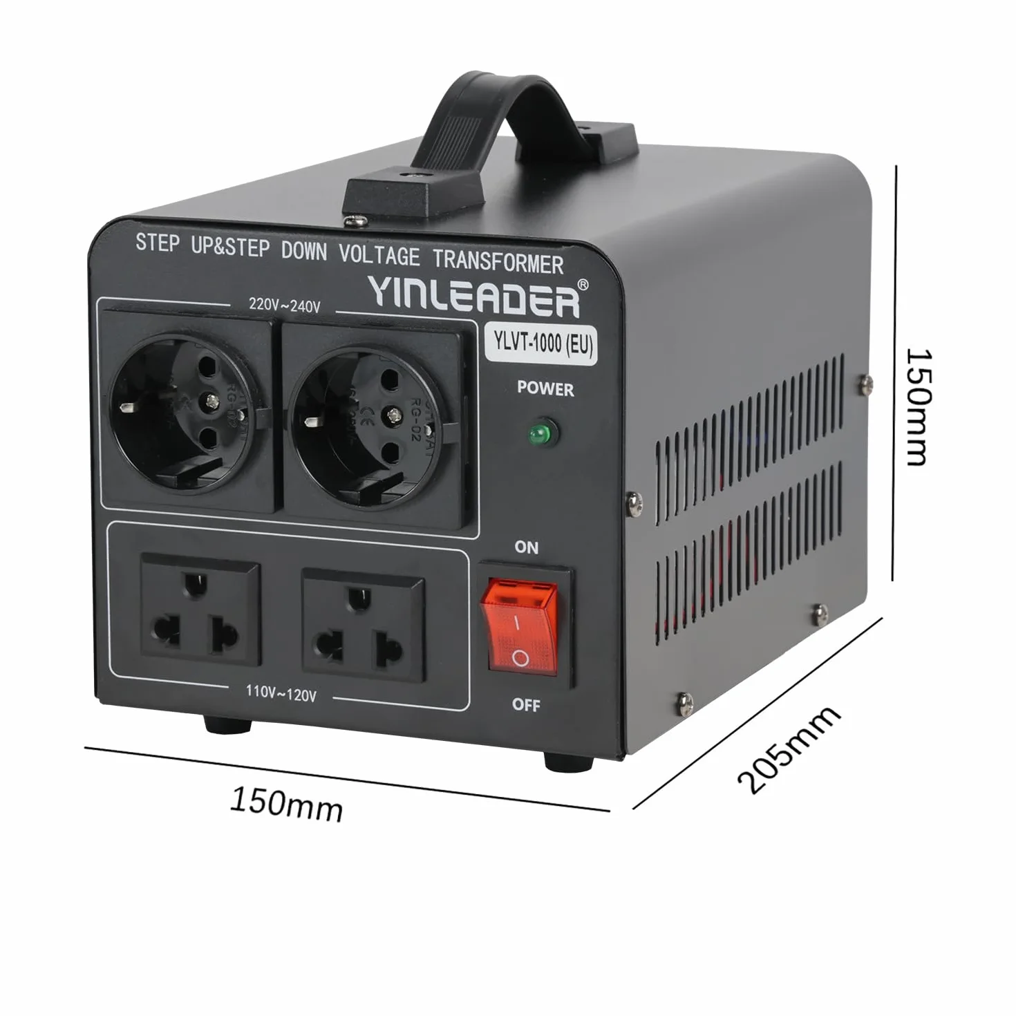 Yinleader Transformator konwertera napięcia 1000 W 110 V/220 V, certyfikat CE, gniazda 2 x 110 V/220 V, ochrona przed przeciążeniem, 1000 VA, 50/60 Hz, 4,1 kg