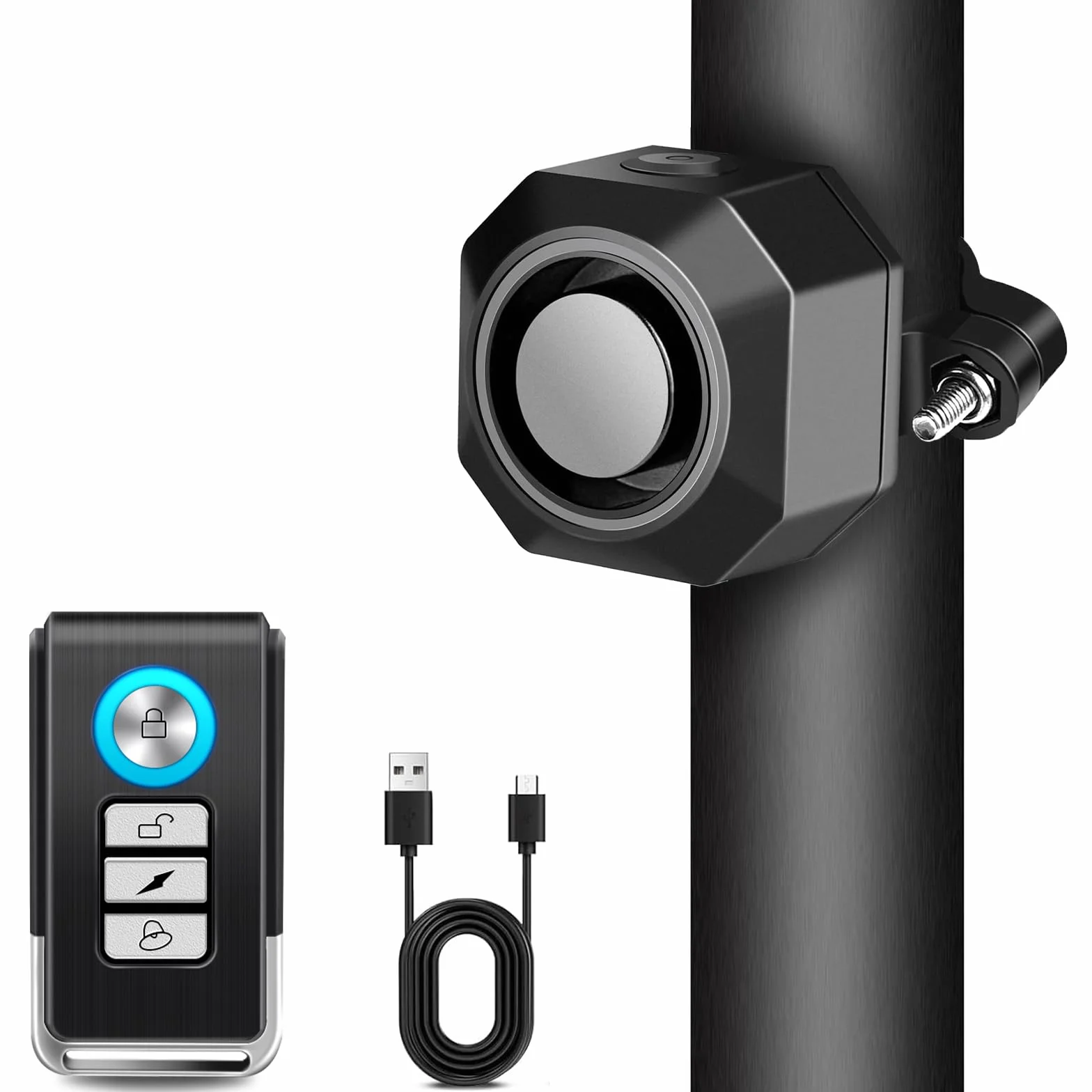 Cruxer Alarm rowerowy z uchwytem, ładowany przez USB, bezprzewodowy alarm wibracyjny antykradzieżowy, głośność i czułość 110 dB, regulowany czujnik, system włamaniowy z pilotem do mobilności motocykla, skutera przyczepy kempingowej