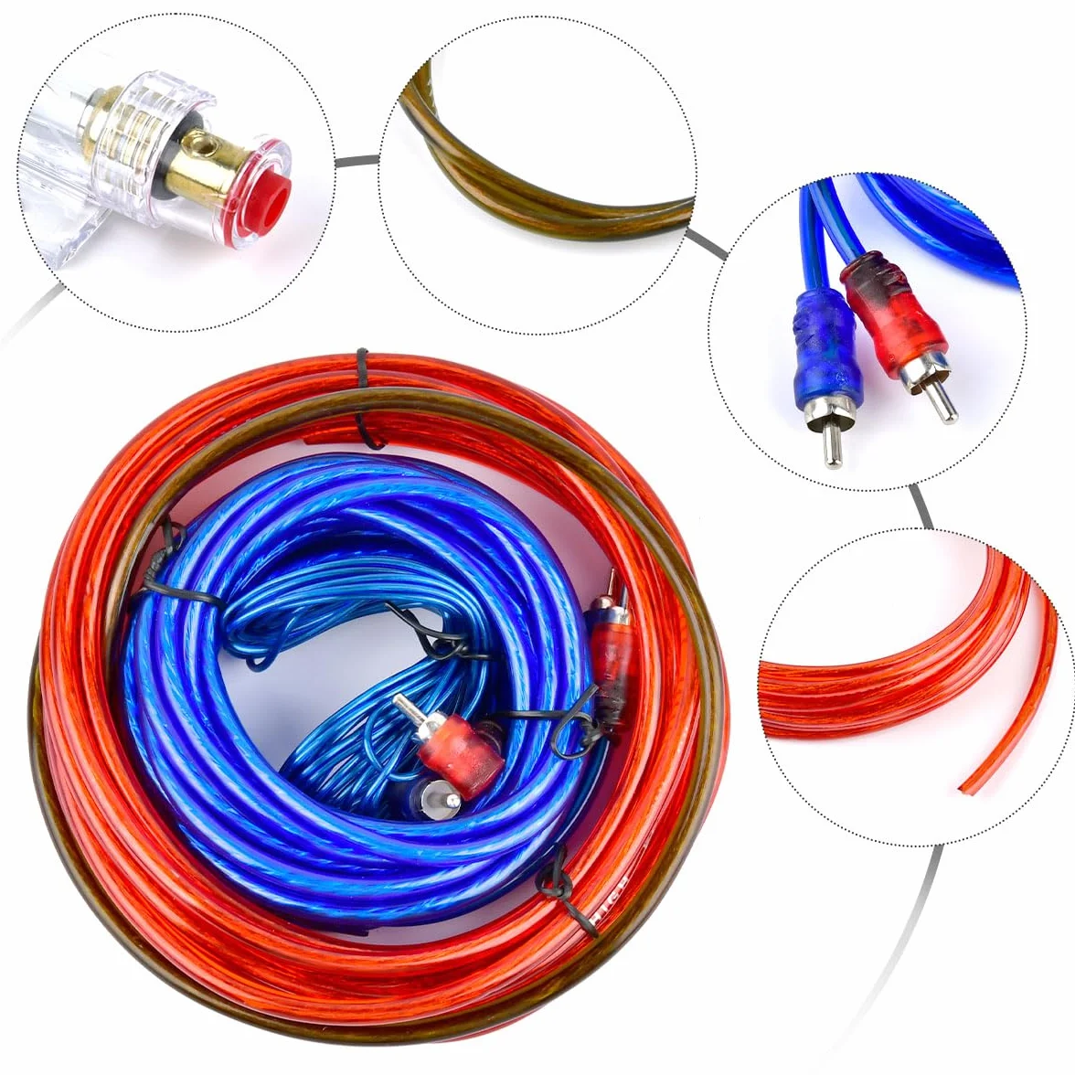 OTYMIOW Zestaw Kabli Wzmacniacza Samochodowego, Kabel Zasilający 10 GA, Kabel Subwoofera, Kabel RCA, 1500 W, 4,5 m