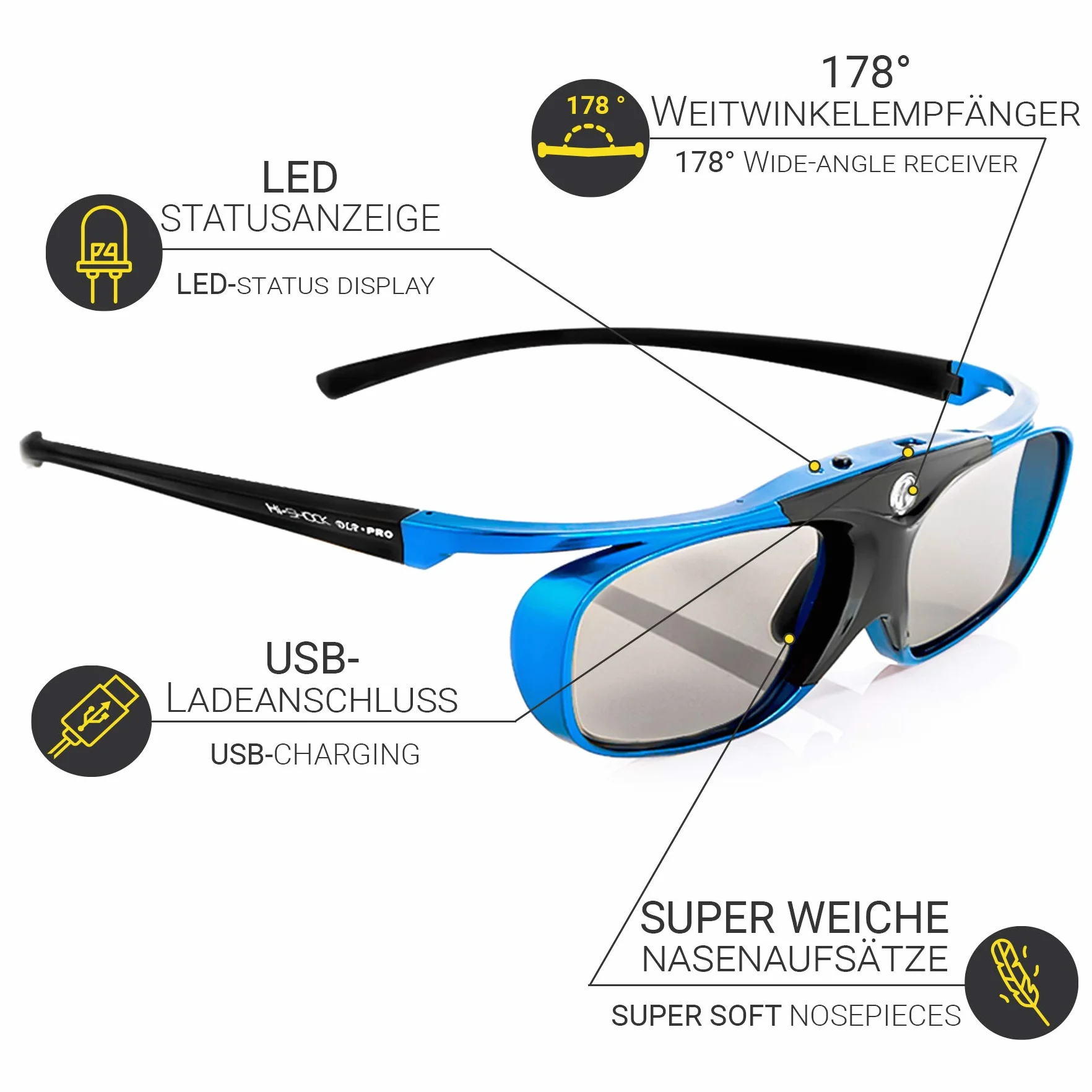 2 x Hi-SHOCK DLP Pro Blue Heaven okulary DLP Link 3D do projektora 3D DLP firmy Acer, BenQ, Largo, Optoma, Viewsonic, LG [okulary migawki | 96-144 Hz | do ponownego ładowania | 32 g | DLP Link |