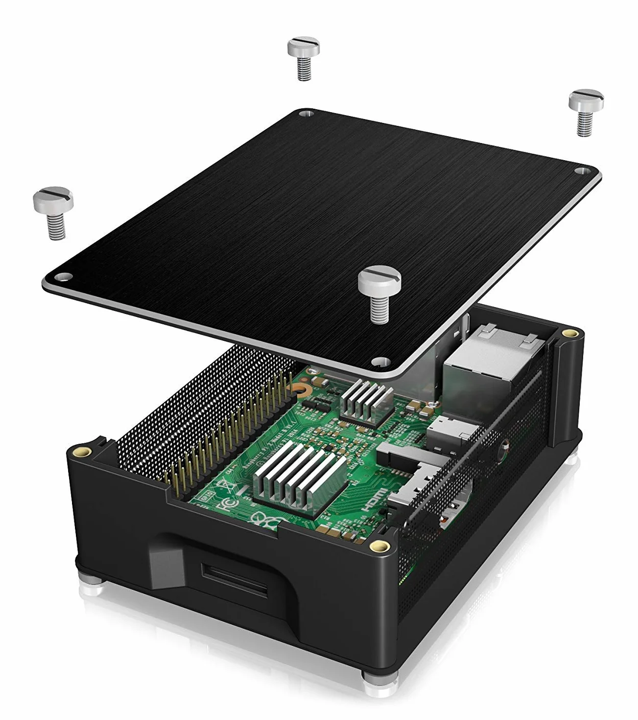 ICY BOX IB-RP102 obudowa do Raspberry Pi 2, Raspi 3 model B i Raspi 3 model B+, aluminium, 3 radiatory, przepuszczająca powietrze kratka boczna, czarna