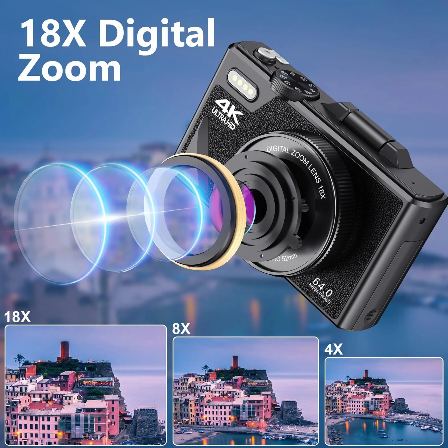 Kieszonkowy Aparat Cyfrowy do Fotografii, Aparat Typu „wyceluj i Zrób zdjęcie” UHD 4K 64 MP z 3-calowym Odchylanym Ekranem, Mała Kamera Wideo z 18-krotnym Zoomem i Autofokusem,