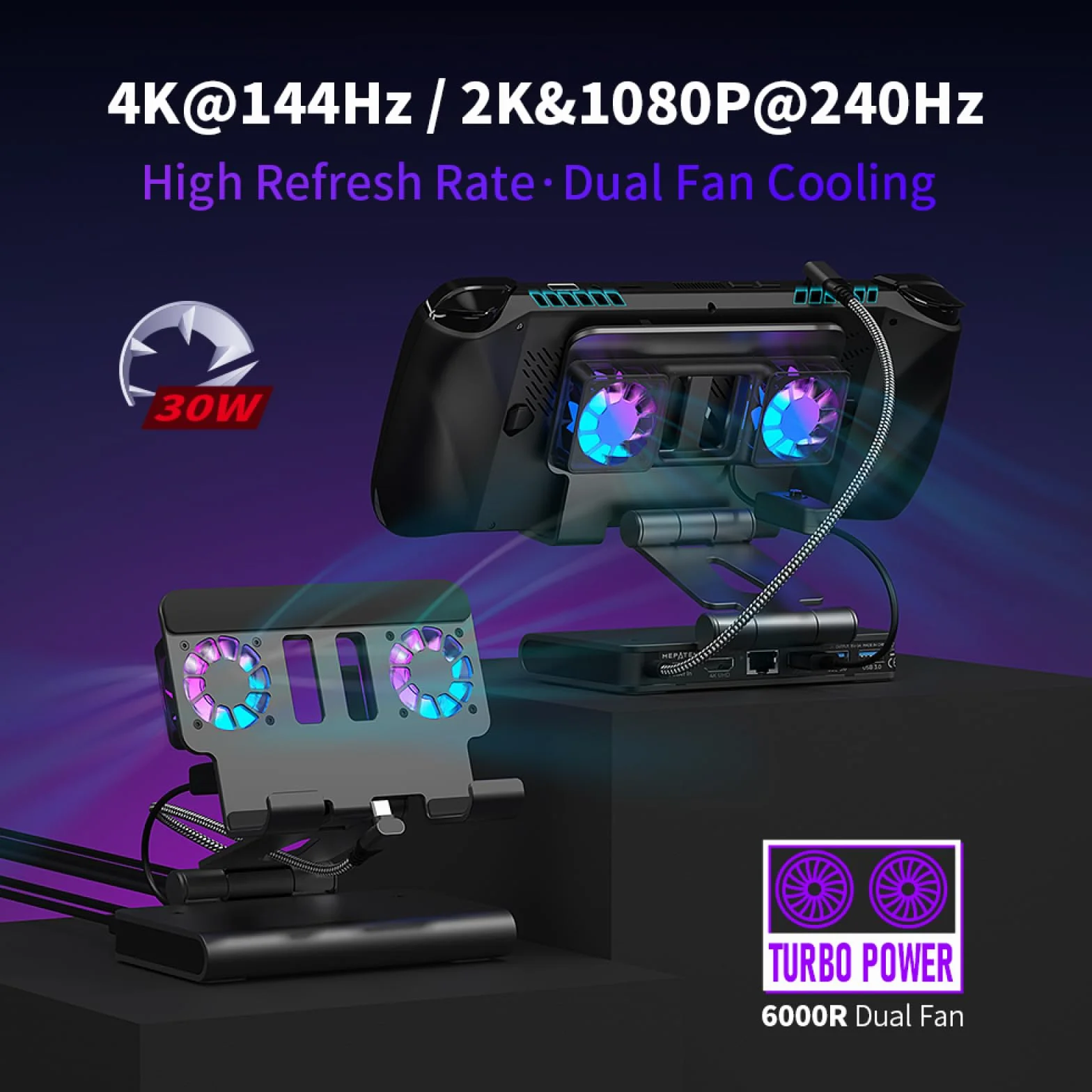 Stacja dokująca do ROG Ally X/Steam Deck/MSI Claw/Legion Go stacja dokująca z dwoma wentylatorami, 4K 144Hz HDMI 2.1 100 W PD USB 3.2 Gigabit Ethernet regulowany stojak (światło RGB)