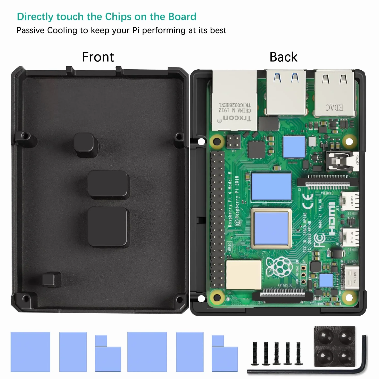 Miuzei Obudowa 4B do Raspberry Pi 4 Model B (8GB/4GB/2GB) - aluminiowa czarna obudowa z pasywnym radiatorem chłodzącym