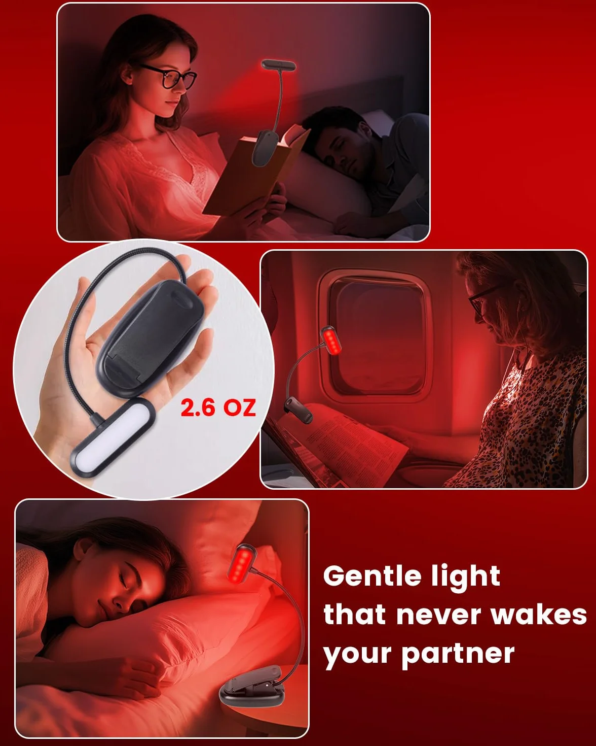 Czerwona Światło do Czytania 670nm z Zaciskiem, Regulowana USB-Ładowana Lampka Nocna dla Snu i Ochrony Wzroku, Przenośna Książkowa z Pamięcią Jasności [Klasa Energetyczna F]