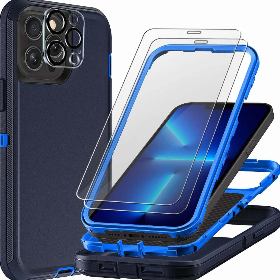 Etui do iPhone'a 13 Pro z 2 szt. ochraniaczy ekranu ze szkła hartowanego i 1 szt. ochraniaczy obiektywu aparatu, klasa wojskowa 3 w 1, wytrzymałe, odporne na wstrząsy, upadki, kurz (granatowe