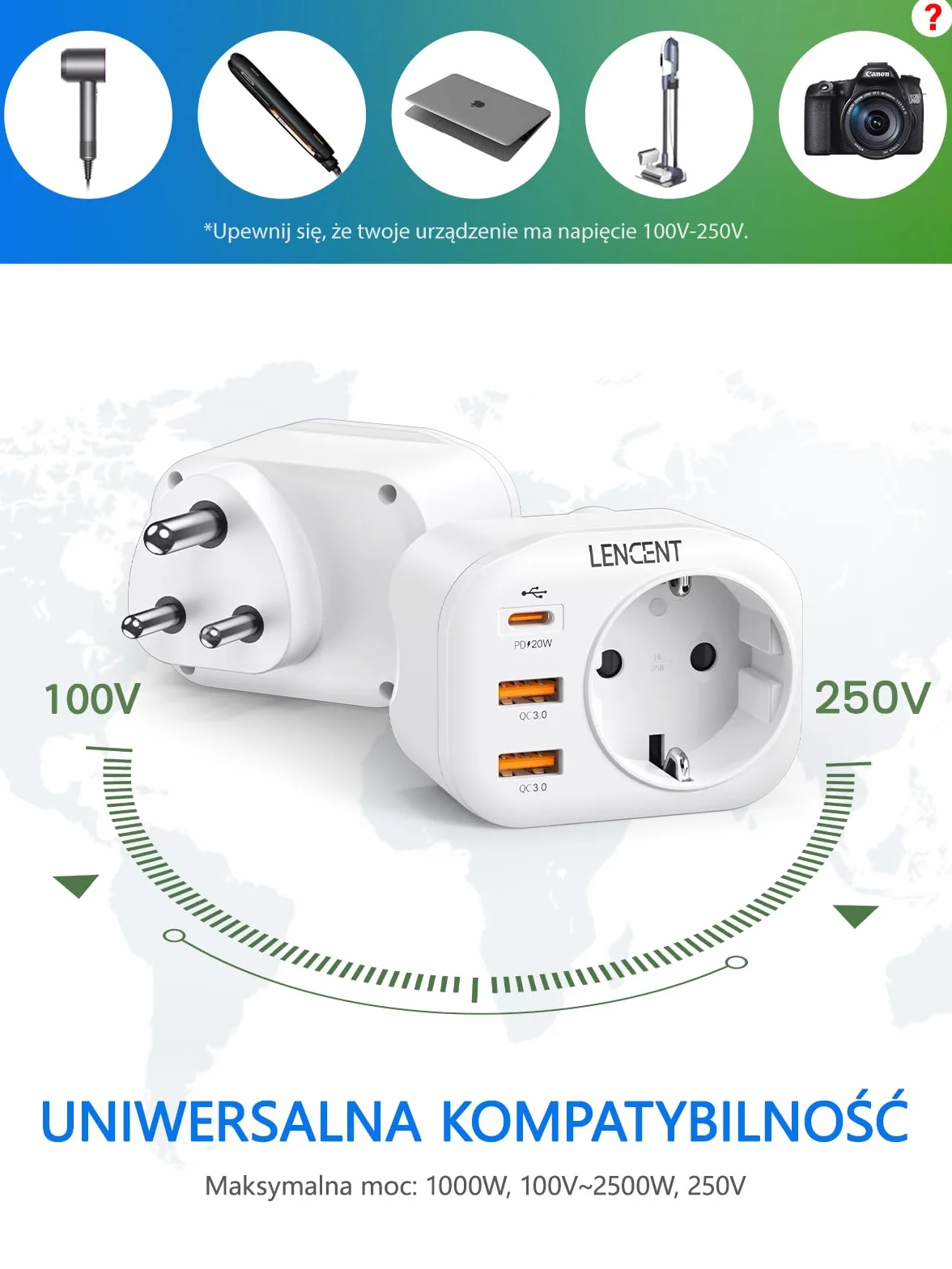 LENCENT 4-w-1 Szybkie ładowanie Adapter Podróżny IN Adapter Indie Wtyczka, Typu-D Wtyczka Podróżna Adapter z 2 USB QC3,0 + 1 Typu C PD 20W, Polski/EU do Sri Lanki, Indii, Nepalu, Biały