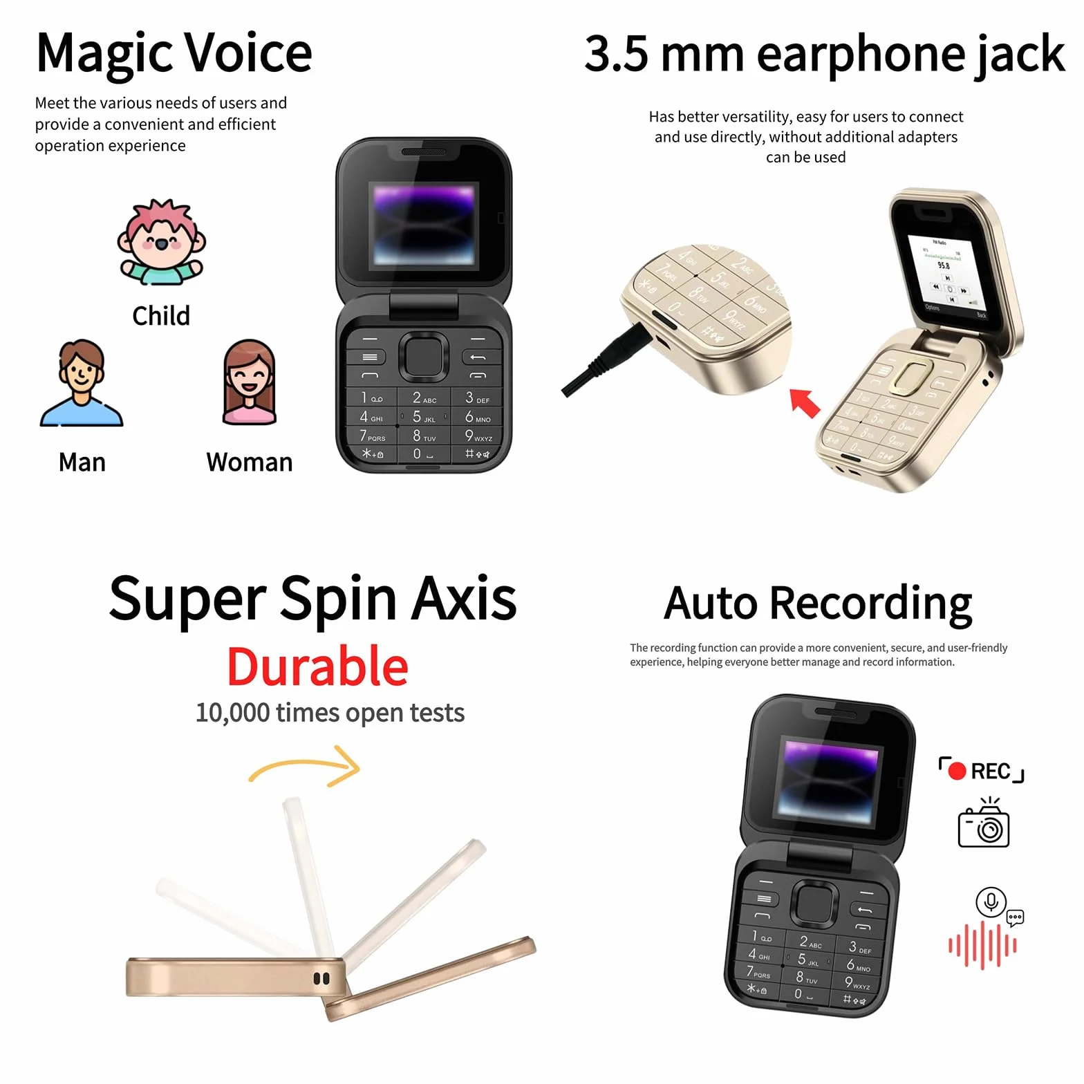 Mini Telefon Komórkowy Z Klapką, Odblokowany, Ekran HD O Przekątnej 1,77 Cala (podwójny Ekran), Latarka LED + Radio FM + Szybkie Wybieranie, Obsługa Dwóch Kart SIM,Black