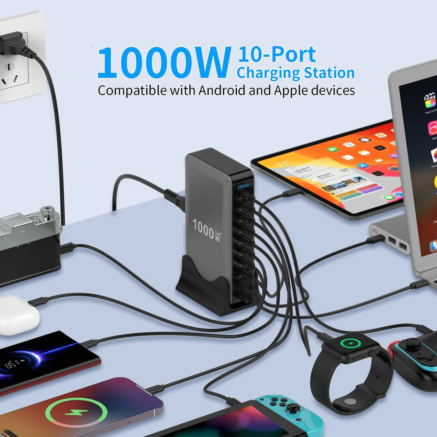 GaN 41000 W, stacja ładująca, 10 portów, kabel do transmisji danych 240 W, 2 m, kompatybilna z tabletami, telefonami, laptopami, konsolami do gier, słuchawkami