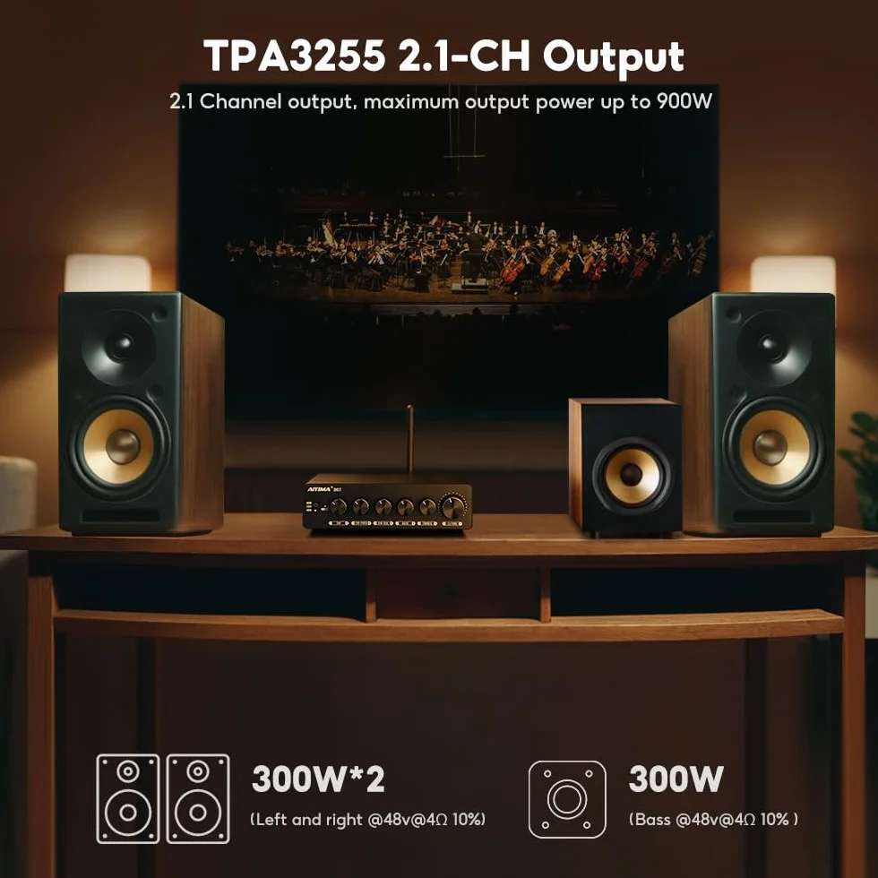 AIYIMA B07 Wzmacniacz Bluetooth 5.2 TPA3255 2.1-kanałowy subwoofer, 300 W x 2 + 300 W, do domu, na biurko, regał na książki, subwoofer z zasilaniem pomocniczym i regulacją wysokości basów