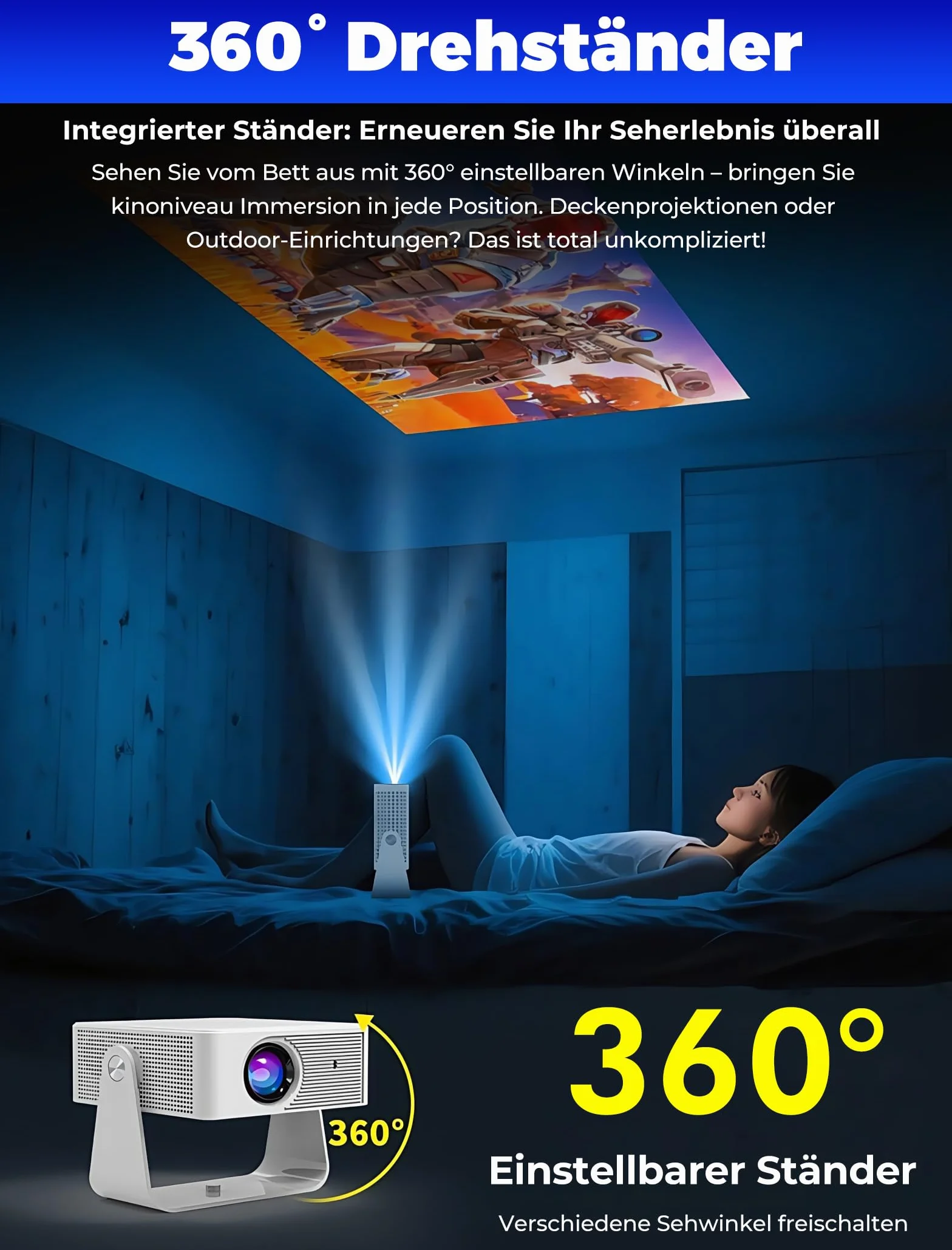 Mini projektor z WiFi 6 i Bluetooth 5.4, przenośny projektor z obsługą 4K/1080P, projektor wideo z pilotem zdalnego sterowania, inteligentny projektor kompatybilny ze smartfonami/TV Stick/HDMI/USB