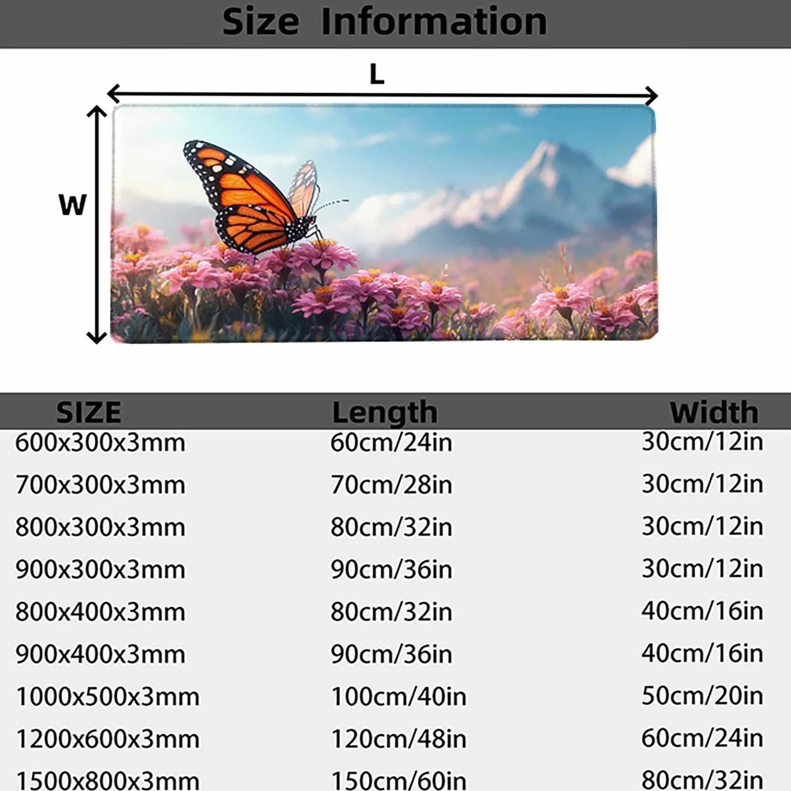 Podkładka na biurko, duża, 1500 x 800 x 3 mm, motyl, gamingowa podkładka pod mysz, górskie biurko z przeszytymi krawędziami 3 mm, antypoślizgowa gumowa podstawa, podkładka pod mysz, dekoracja biurka