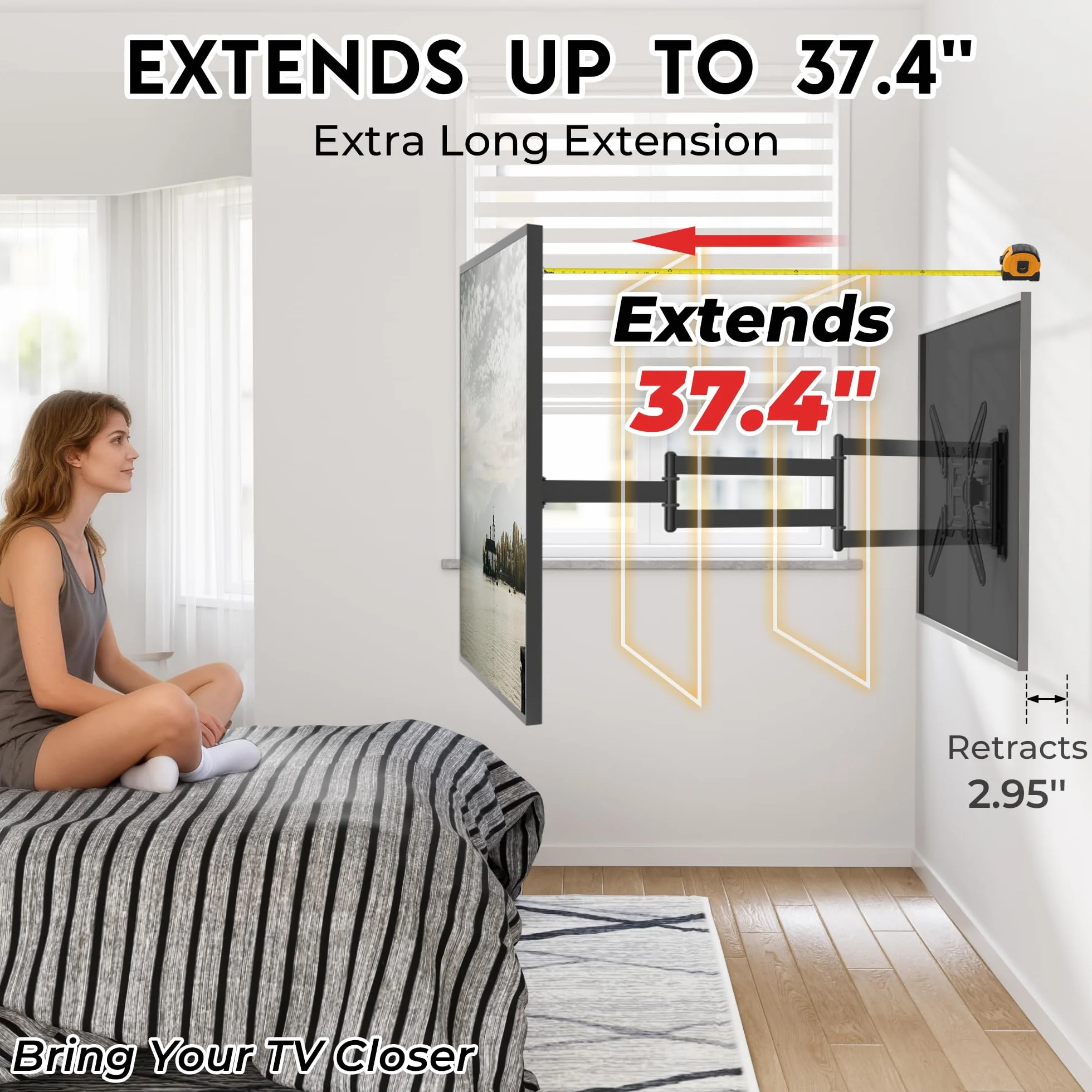 BONTEC Stojak na telewizor ścienny 26-65 cali, uchwyt ścienny do telewizora LED LCD OLED, płaskie i zakrzywione ramię telewizora, wysuwane ramię telewizora 95 cm, konstrukcja oszczędzająca miejsce