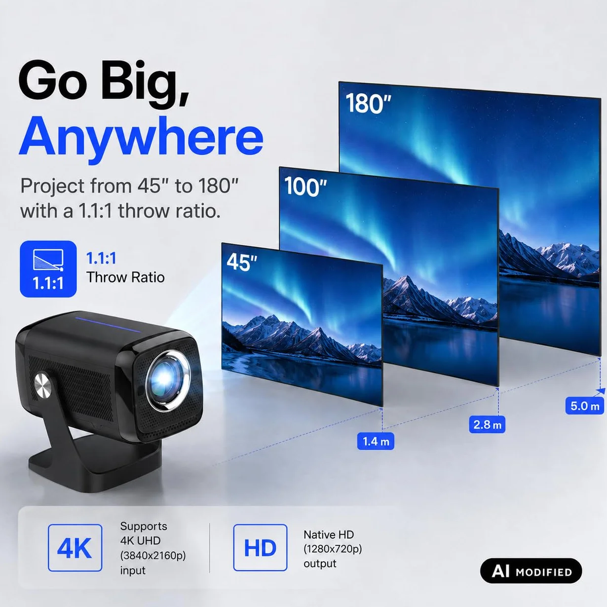 Denver PR-4852 projektor LED 4K UHD, 700 ANSI lumenów, kontrast 8000:1, rozmiar ekranu 45-180 cali
