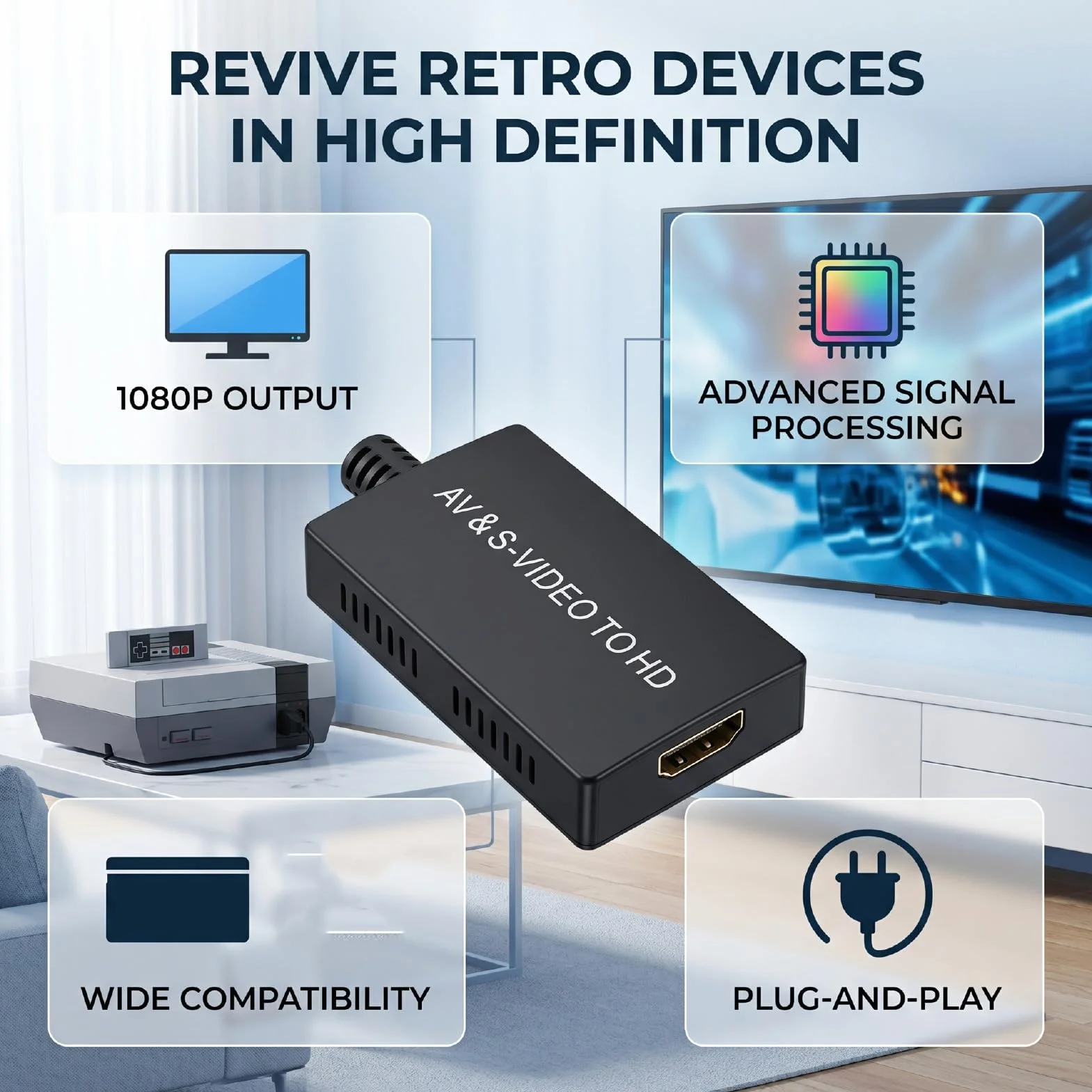 Sxhlseller Konwerter S Video AV na HD 1080P 60 Hz Wyjście AV na Adapter HDMI z funkcją Plug Play Zasilanie USB do Monitora HDTV Stara Konsola do Gier Odtwarzacz DVD