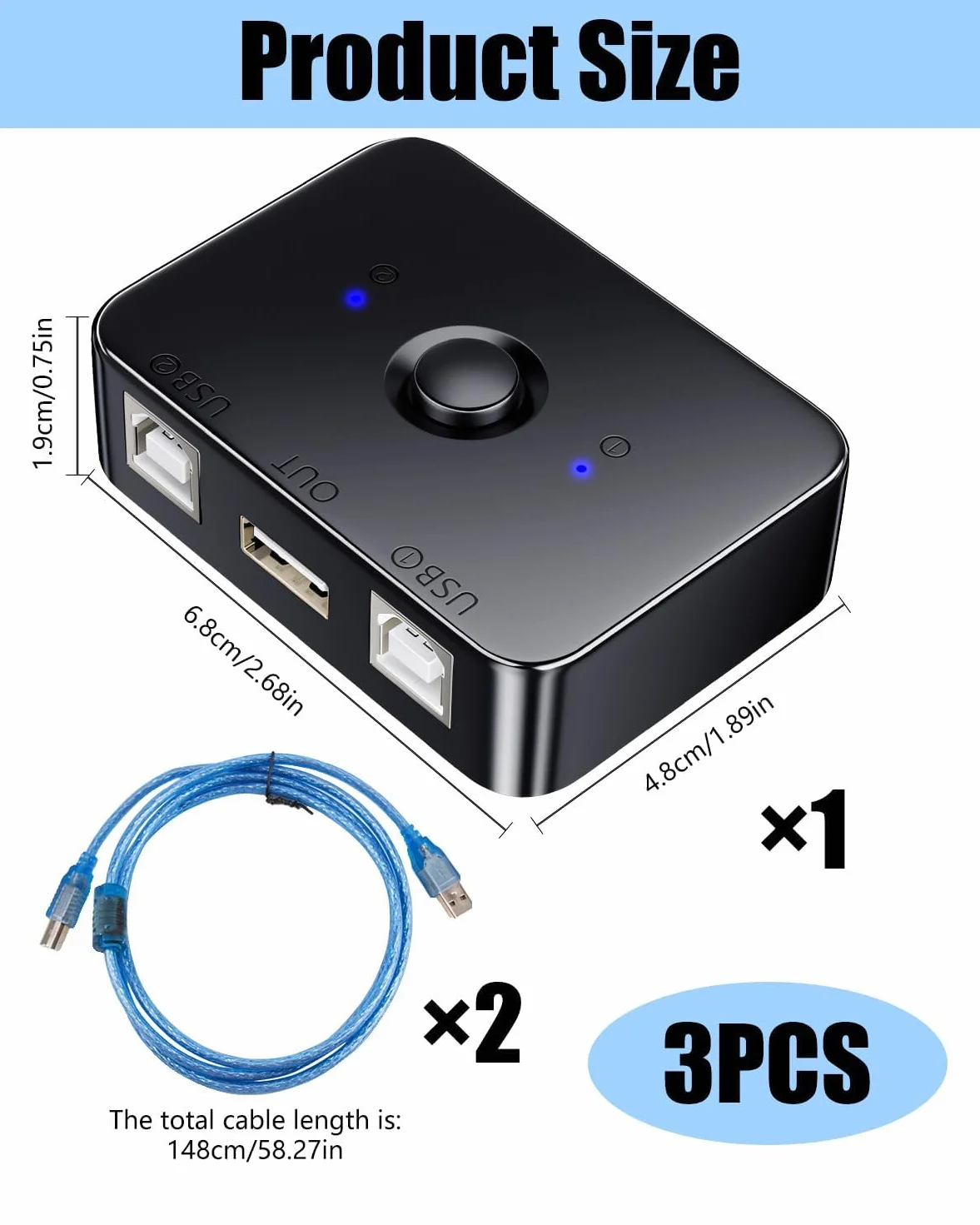 Przełącznik USB 2.0 do udostępniania drukarki 2 szt. 1 x ręczna drukarka USB z adapterem LED Plug & Play z 2 przewodami o długości 1,5 m, kompatybilny z Windows, macOS