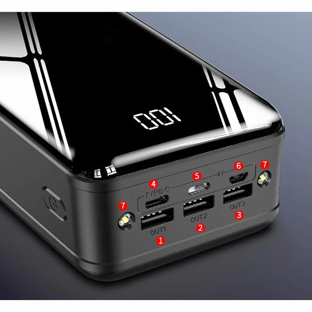 50000 MAh Power Bank o dużej pojemności Lustrzany ekran z cyfrowym wyświetlaczem Szybkie ładowanie jest wyposażone w wspólny bank mocy (Color : Black, Size : 50000mAh)