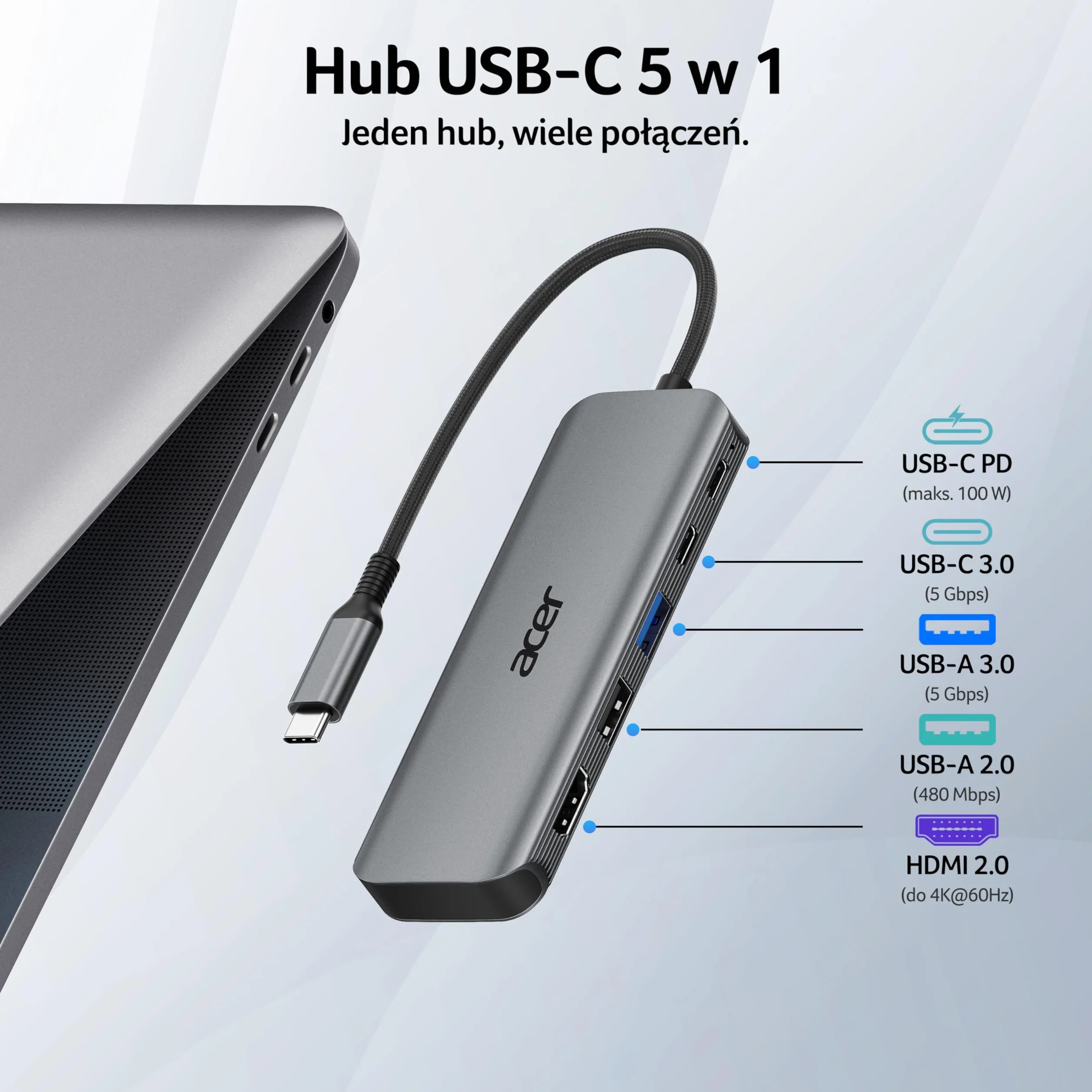 Acer Hub USB-C 5w1, USB-C do HDMI 4K@60Hz, USB-A+C 5Gbps, Ładowania PD 100W | Aluminiowy Rozdzielacz Wieloportowy z Adapterem do Laptopa iPhone 17/16/15, MacBook iPad Pro/Air, Mac mini M4, Surface S26