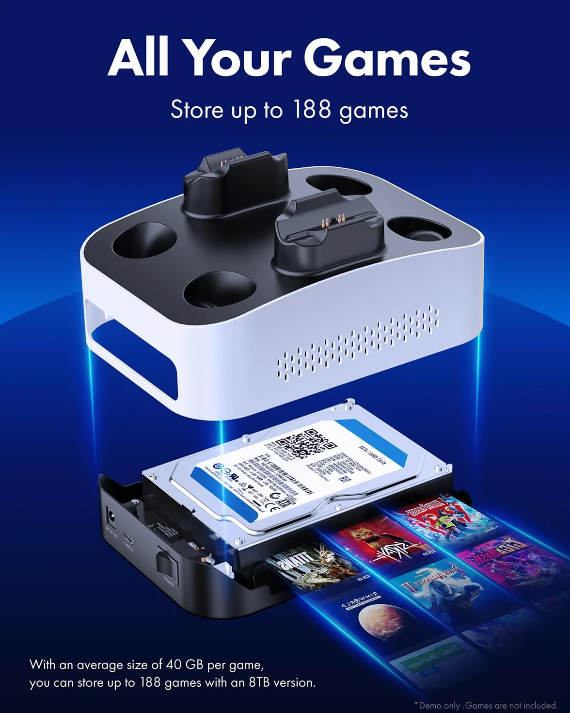 Zewnętrzna obudowa dysku twardego do Playstation5, stacja ładująca do dwóch kontrolerów PS5, do 3,5 cala HDD, kabel USB-C, z adapterem USB-A, zasilacz, G-3506-CG