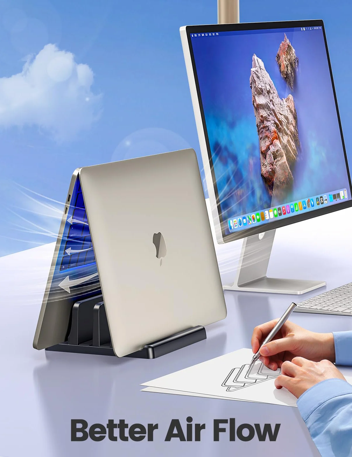 VAYDEER Pionowy stojak na laptopa, regulowany stojak na laptopa 4 w 1, z 2 przegródkami oszczędzającymi miejsce, na MacBook, laptop, iPad, laptopy do 17,3", czarny