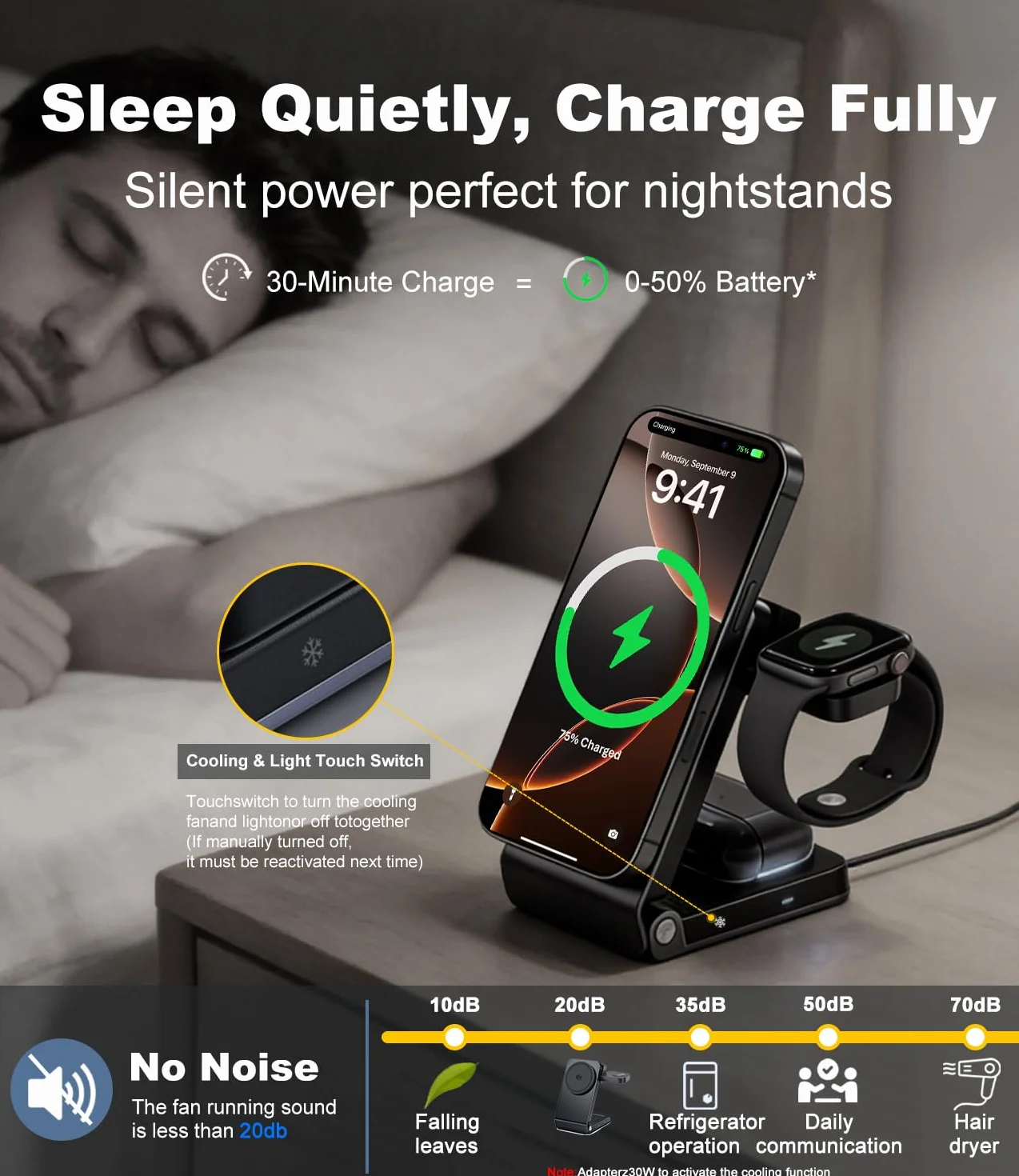 Koolehaoda Qi2.2 25 W 3 w 1 Ładowarka Bezprzewodowa do Mag Safe | Składana Indukcyjna z Aktywnym Chłodzeniem TEC kompatybilna z iPhone 17-12, Apple Watch i Air-Pods(Wyposażony w zasilacz 45W)