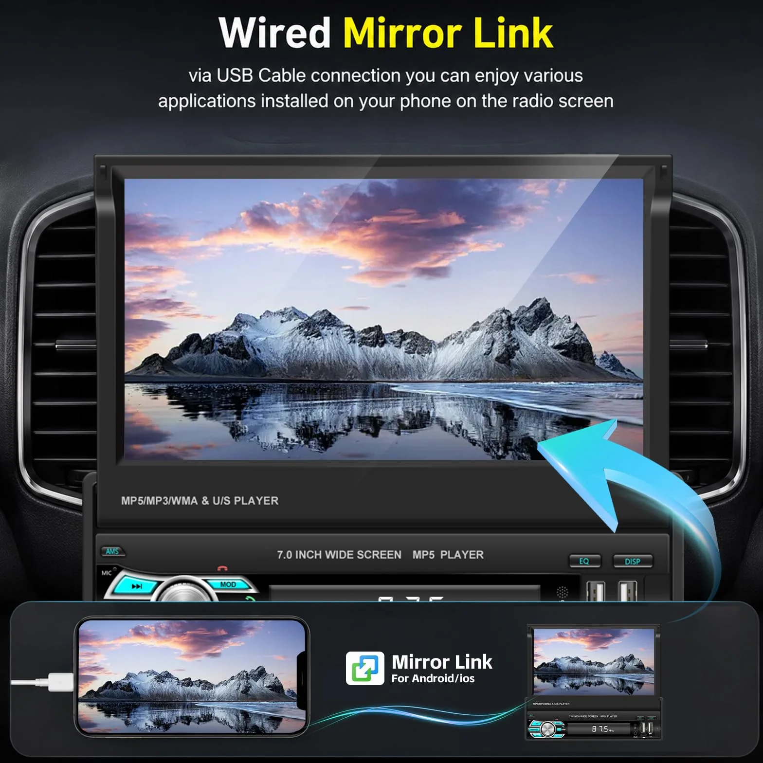 Rozkładane radio samochodowe z ekranem dotykowym z funkcją bezprzewodowego CarPlay i Android Auto | 1 Din 7-calowe radio samochodowe z Bluetooth/Mirror Link/FM/USB/SWC + kamera cofania 12 LED