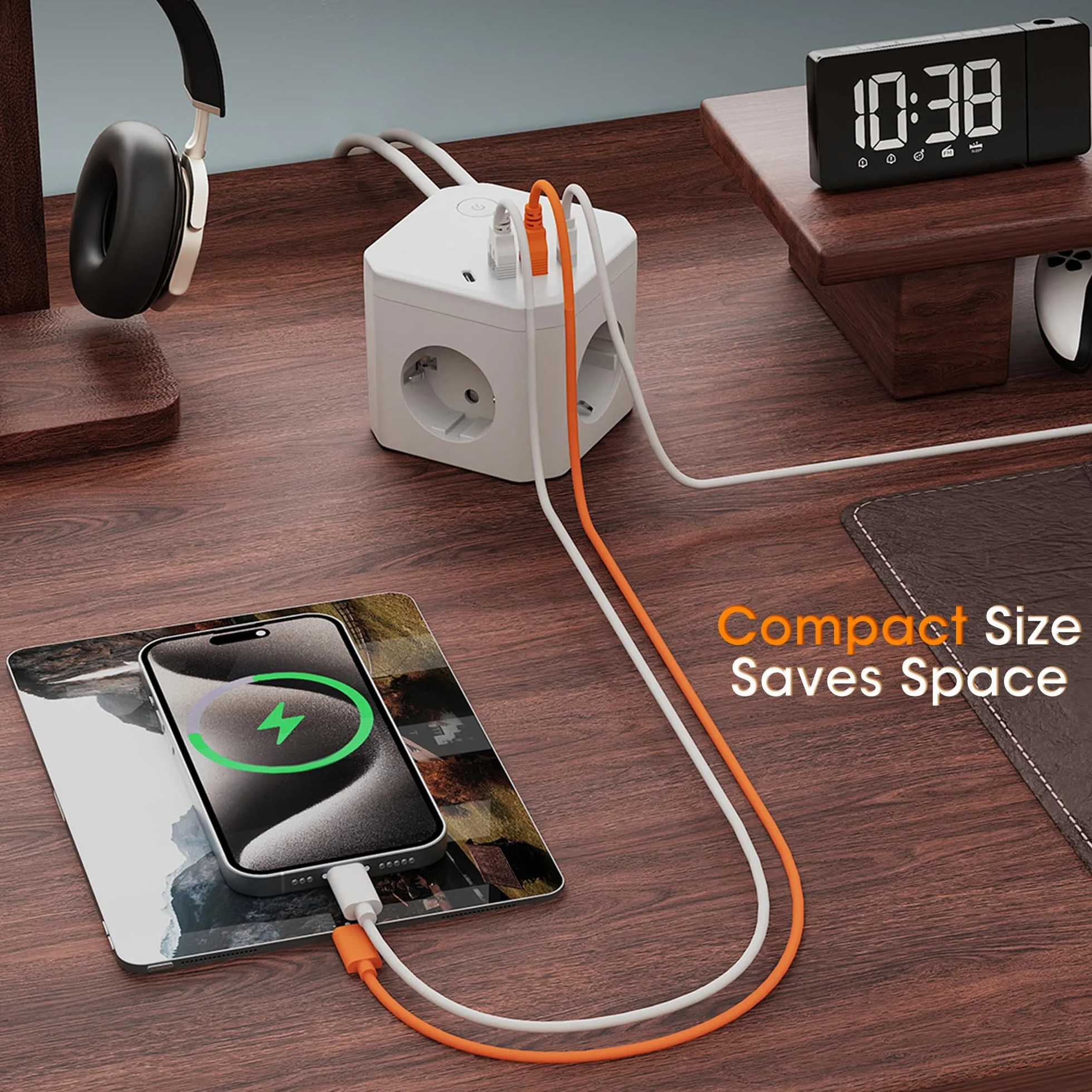 Listwa zasilająca 8 w 1 z 4 gniazdami USB, szybkim ładowaniem USB C 20 W, zabezpieczeniem przeciwprzepięciowym, mocą 4000 W i kablem przedłużającym 2M