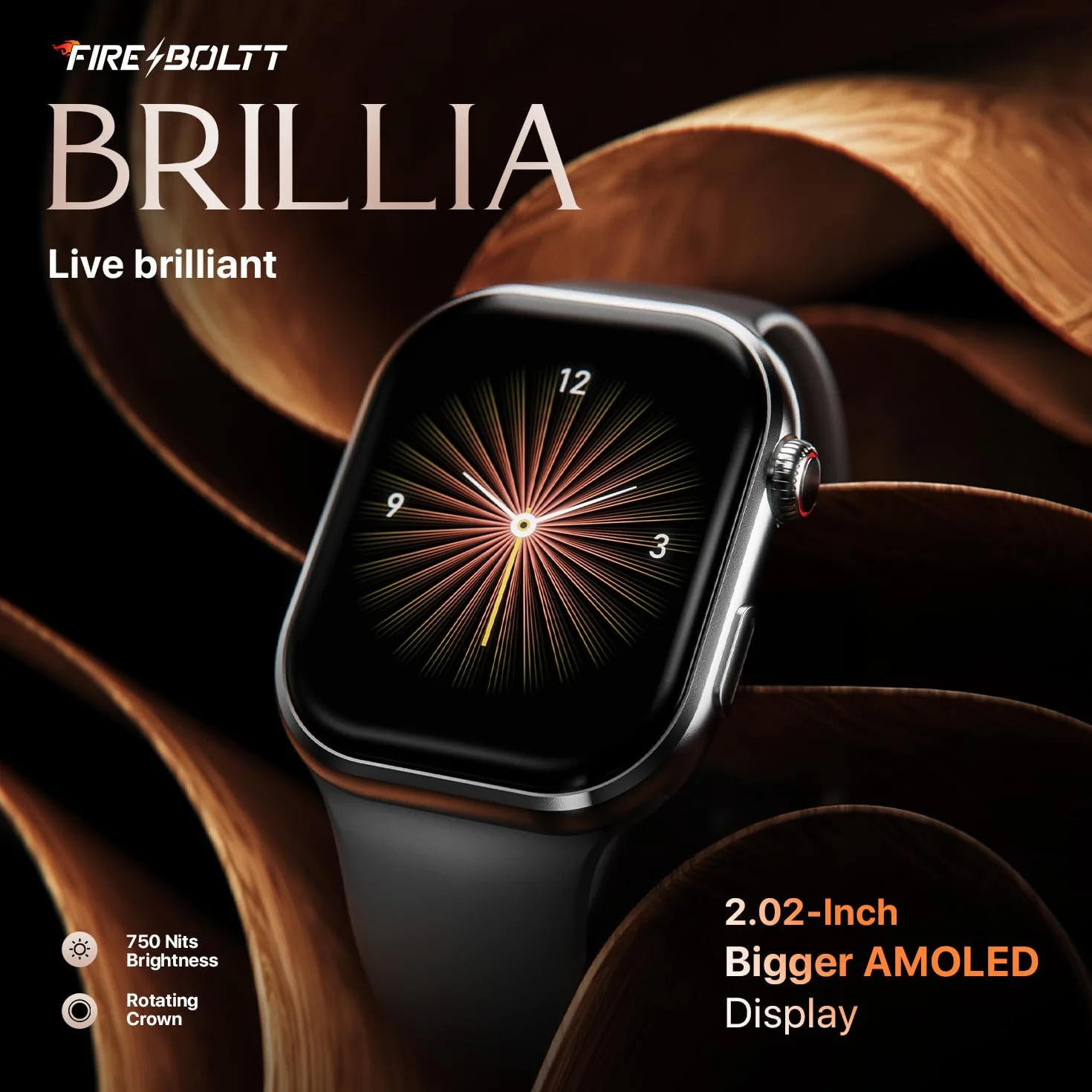 Fire-Boltt Brillia Smart Watch 2-calowy wyświetlacz Super AMOLED, połączenia Bluetooth, SpO2, pulsometr, 120 trybów sportowych, monitor aktywności, asystent głosowy, inteligentny zegarek dla mężczyzn